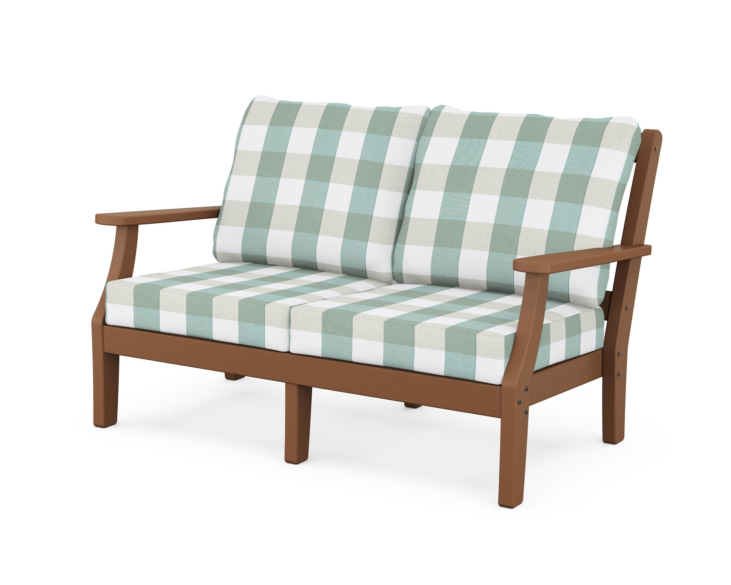 Chinoiserie Deep Seating Loveseat in Teak / Buffalo Plaid Glacier Spa