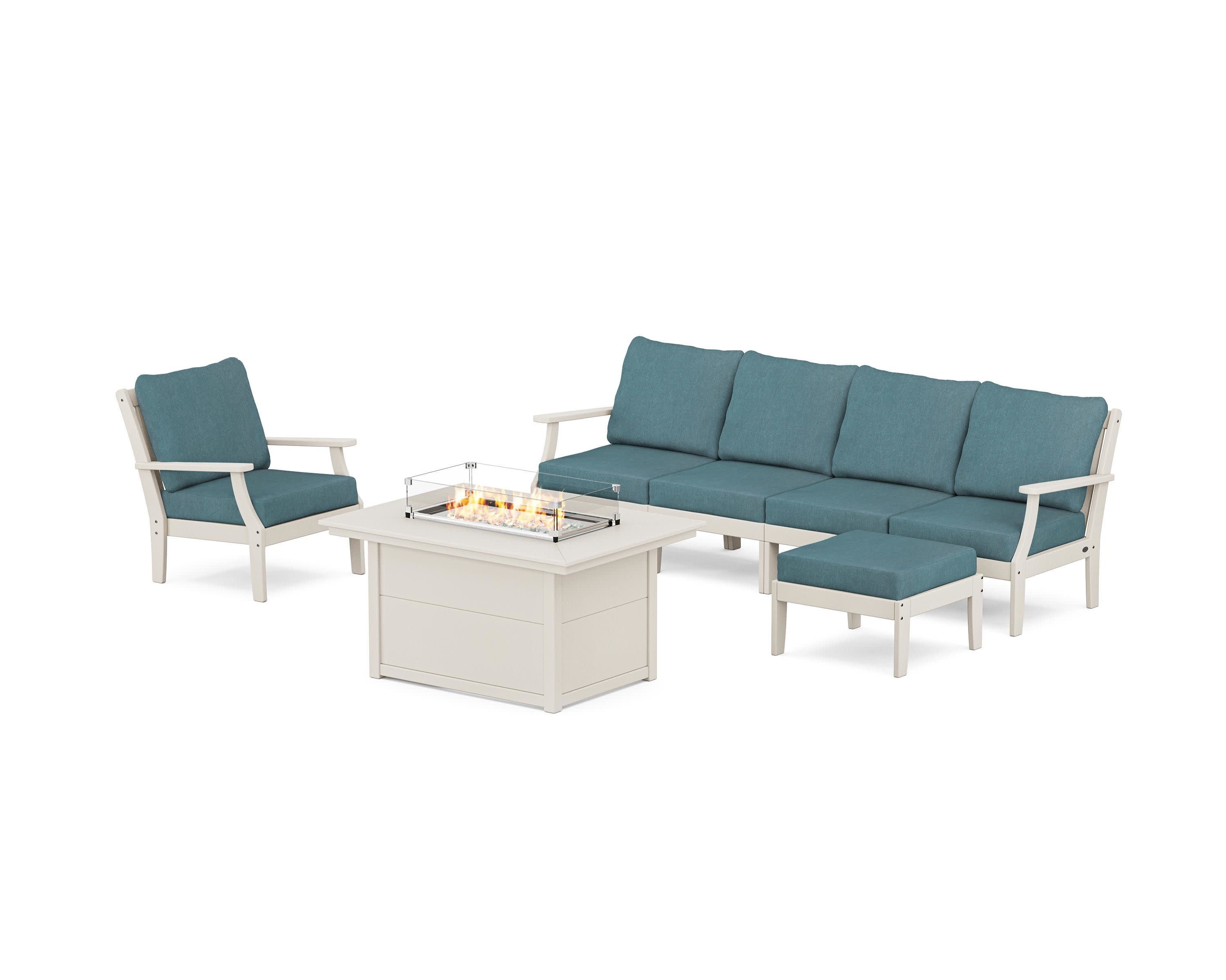 Braxton Sectional Lounge and Fire Pit Set in Sand / Ocean Teal