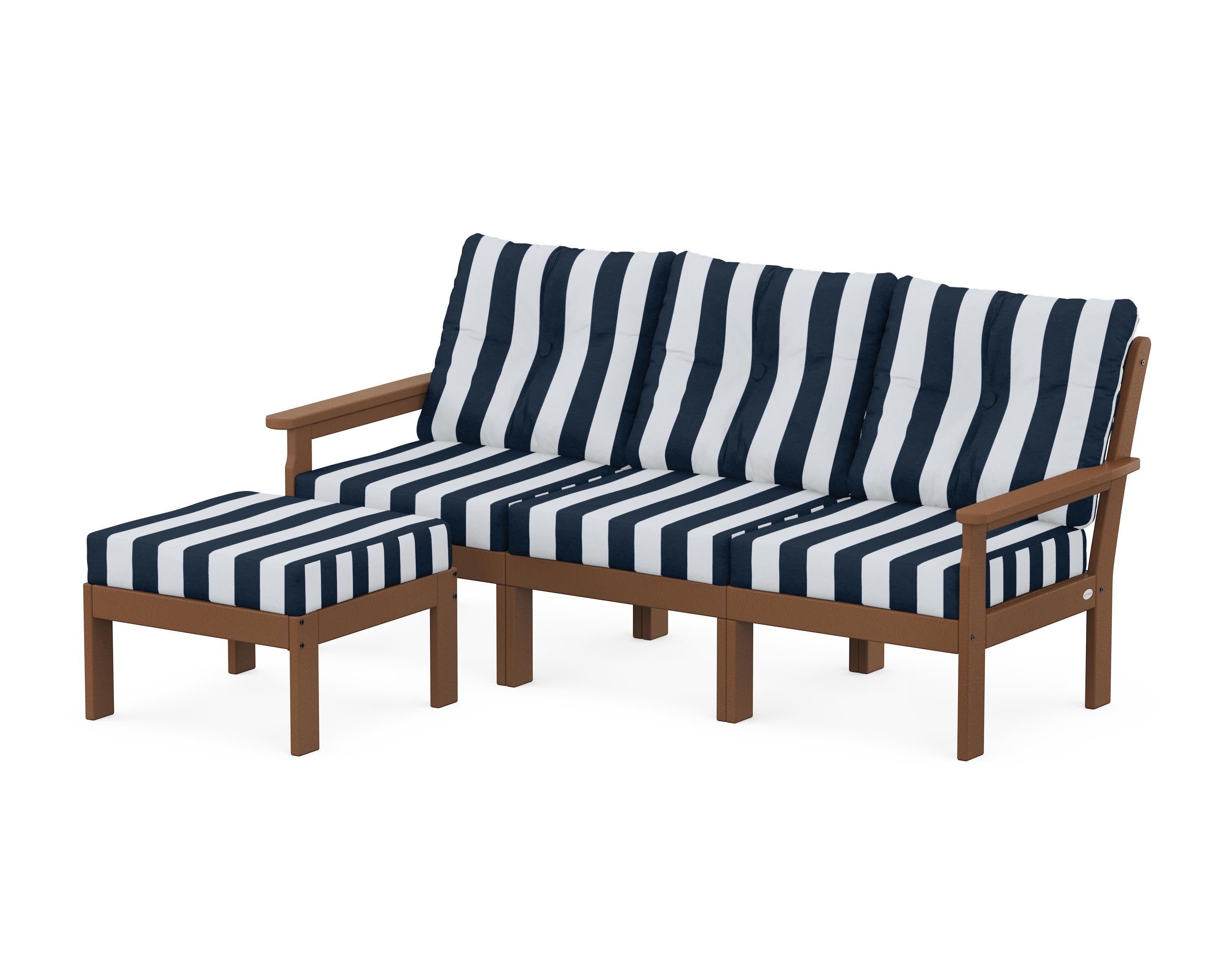 Vineyard 4-Piece Sectional with Ottoman in Teak / Cabana Stripe Marine Indigo