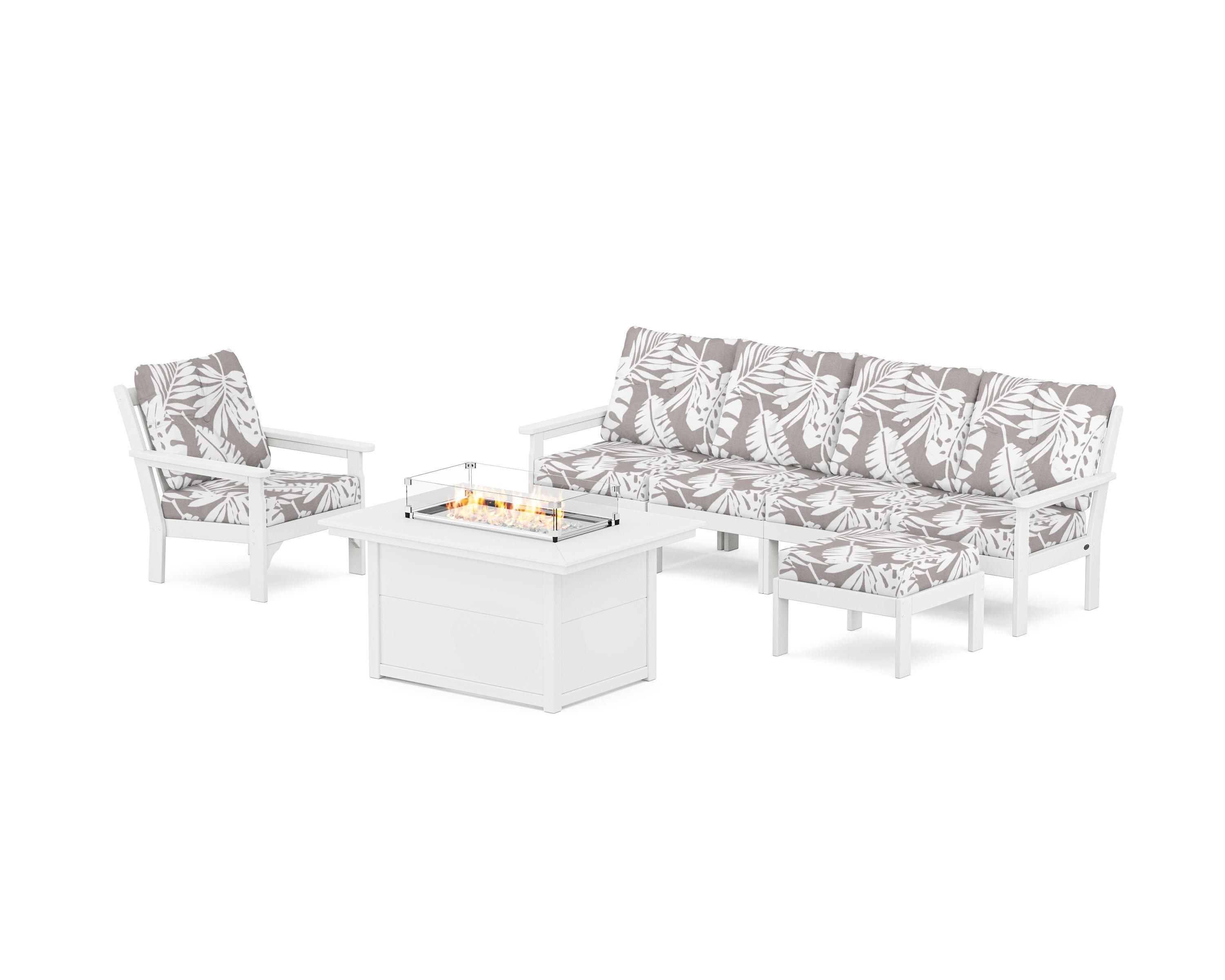 Vineyard Sectional Lounge and Fire Pit Set in White / Leaf Grey Mist