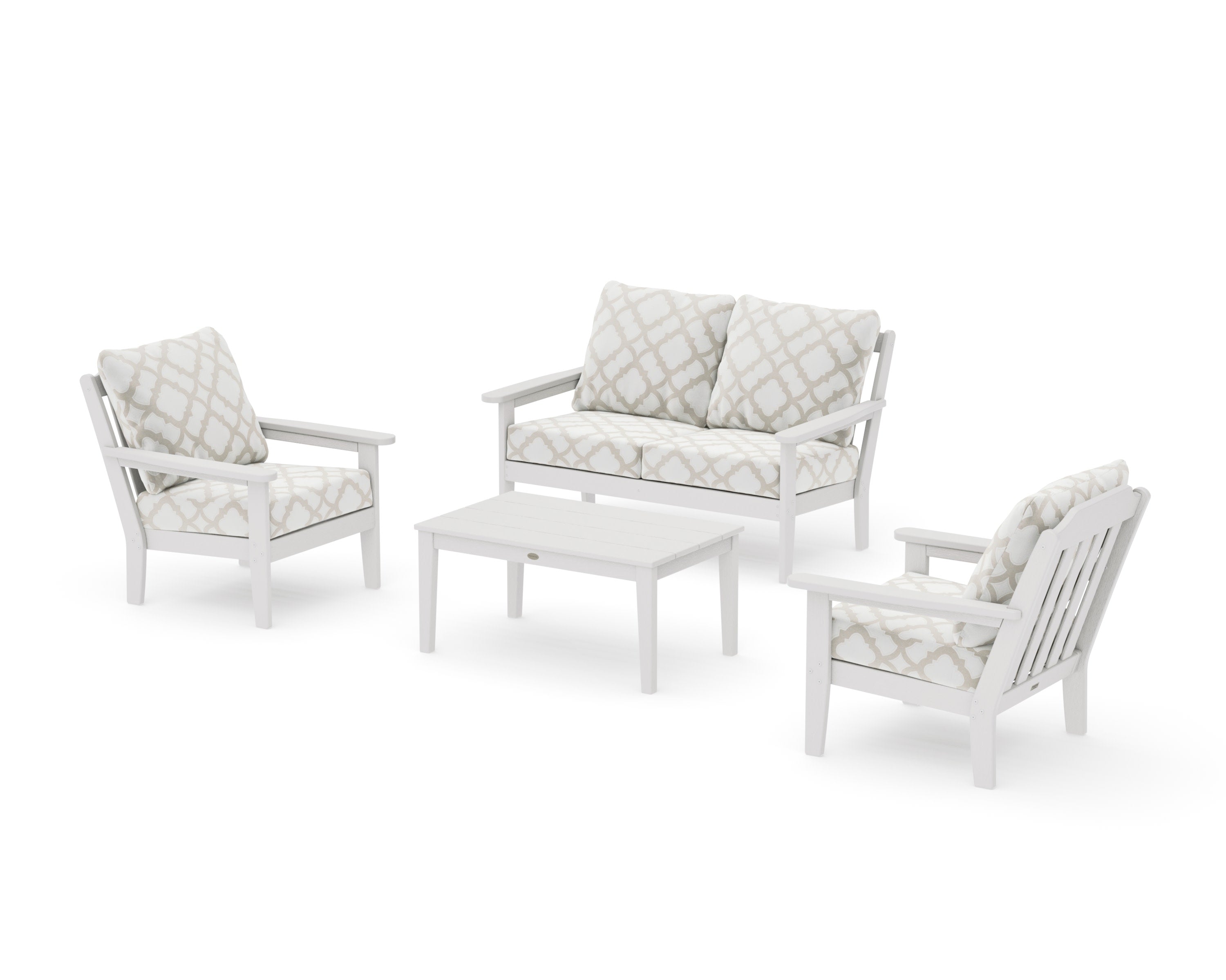 Cottage 4-Piece Deep Seating Set with Loveseat in Vintage White / Trellis Dune Burlap