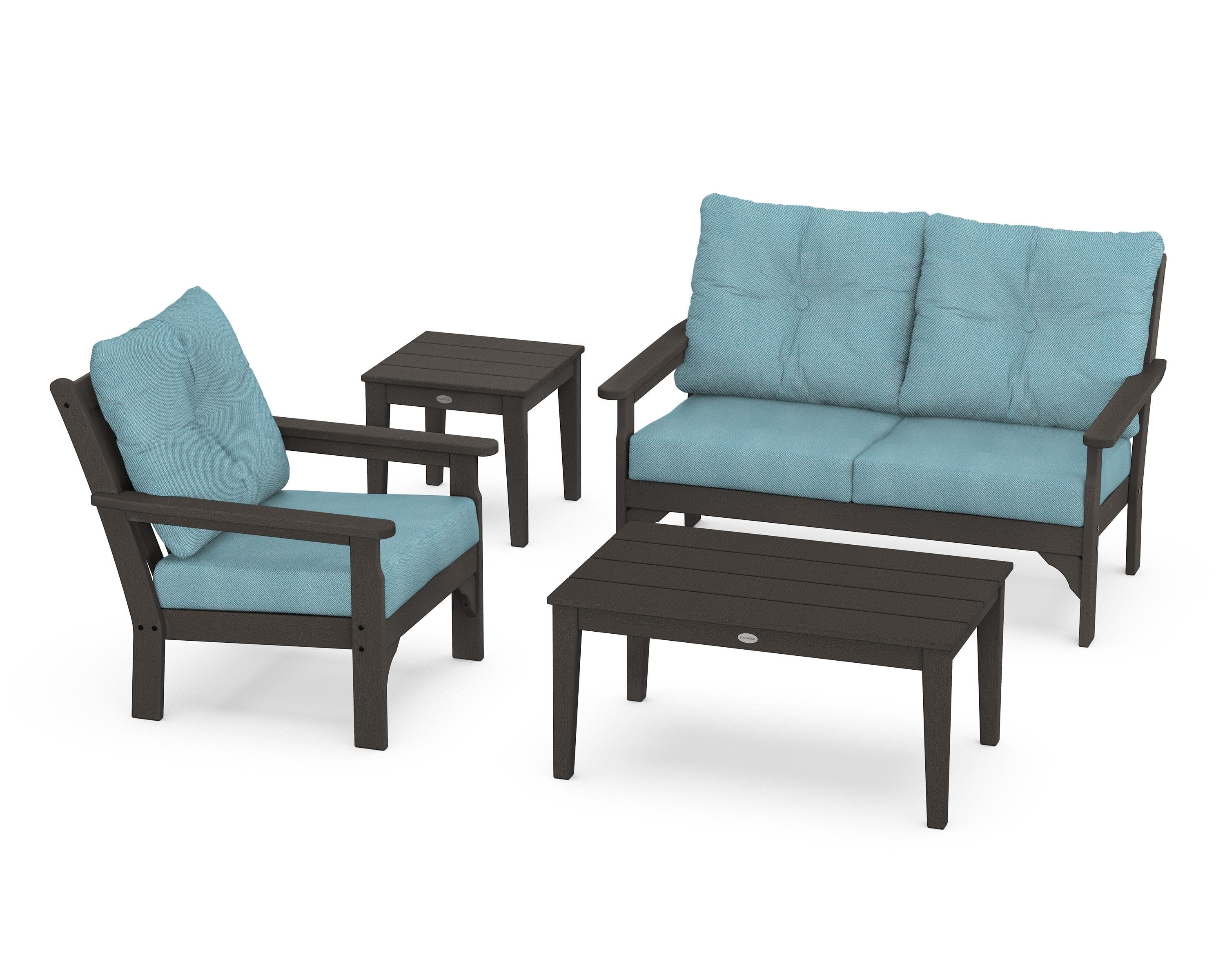 Vineyard 4-Piece Deep Seating Set in Vintage Coffee / Lattice Sky Blue