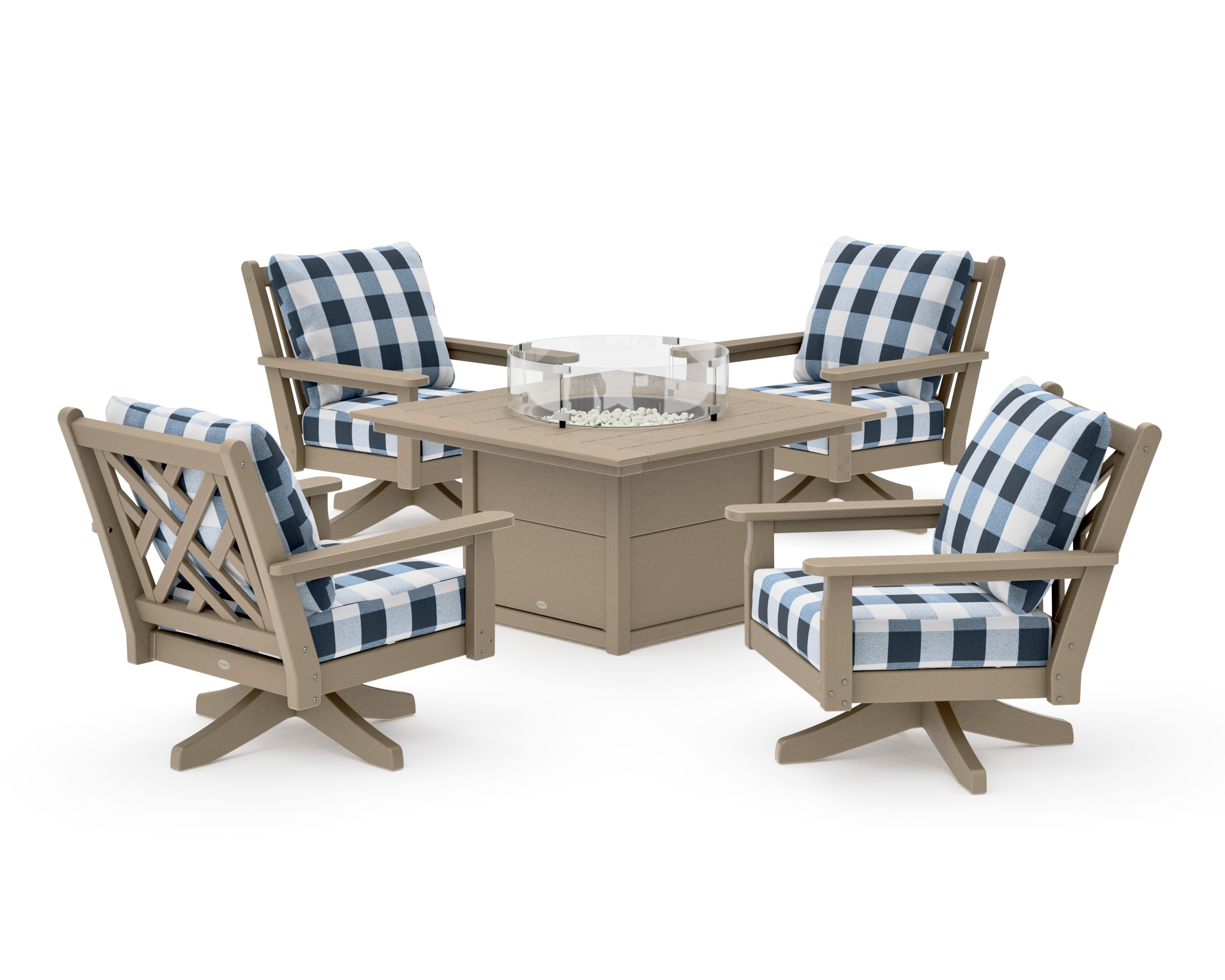 Chippendale 5-Piece Deep Seating Swivel Conversation Set with Fire Pit Table in Vintage Sahara / Buffalo Plaid Marine Indigo