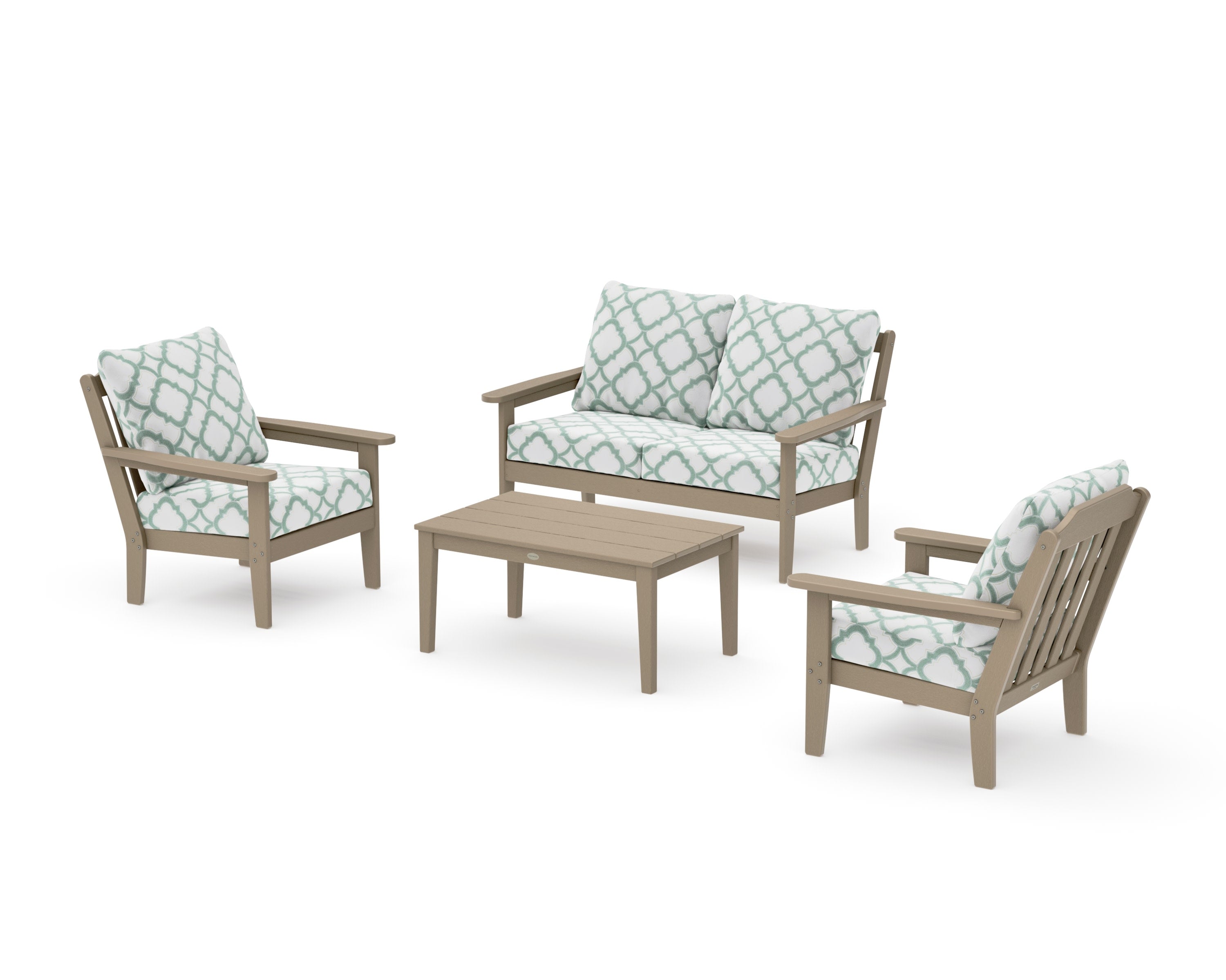 Cottage 4-Piece Deep Seating Set with Loveseat in Vintage Sahara / Trellis Glacier Spa