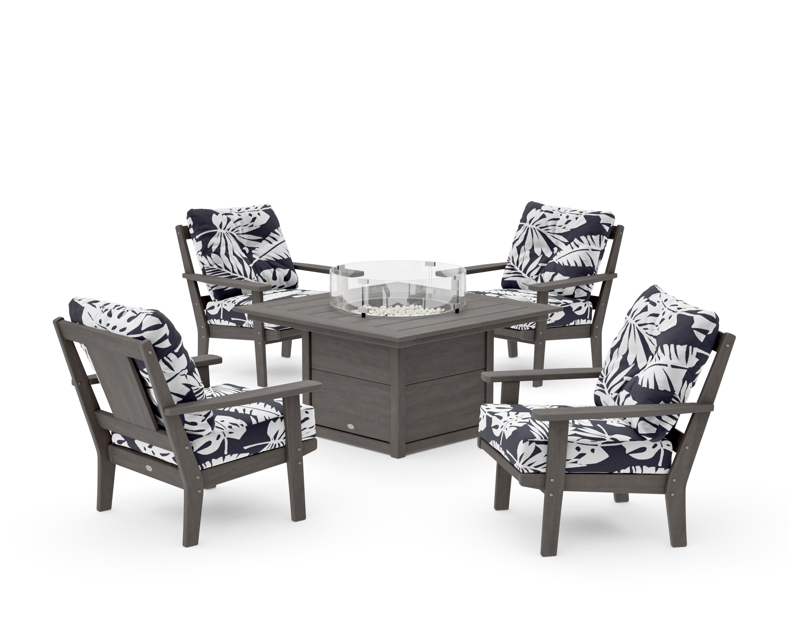 Prairie 5-Piece Deep Seating Set with Fire Pit Table in Driftwood / Leaf Navy