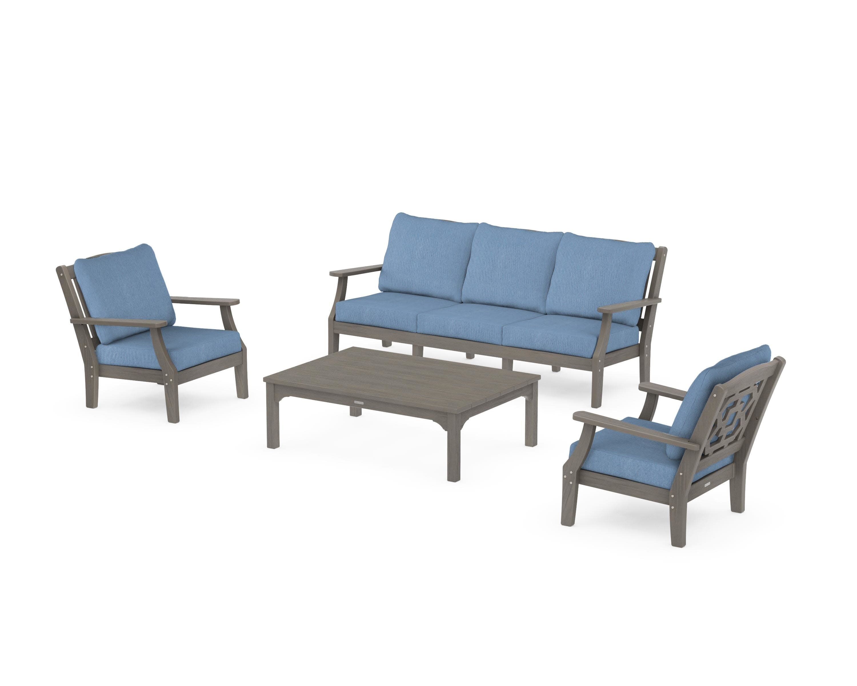 Chinoiserie 4-Piece Deep Seating Set with Sofa in Driftwood / Sky Blue
