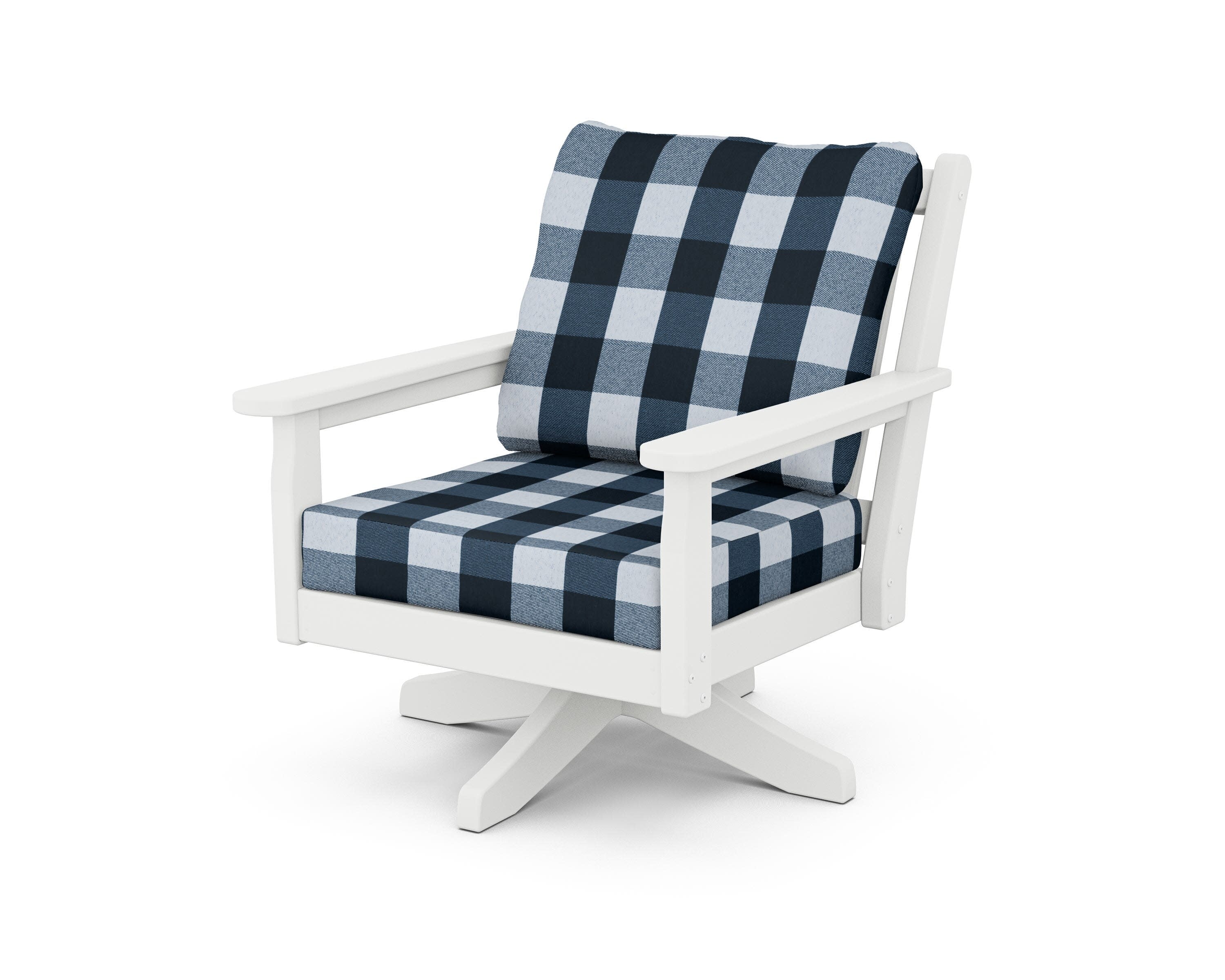 Chippendale Deep Seating Swivel Chair in White / Buffalo Plaid Marine Indigo