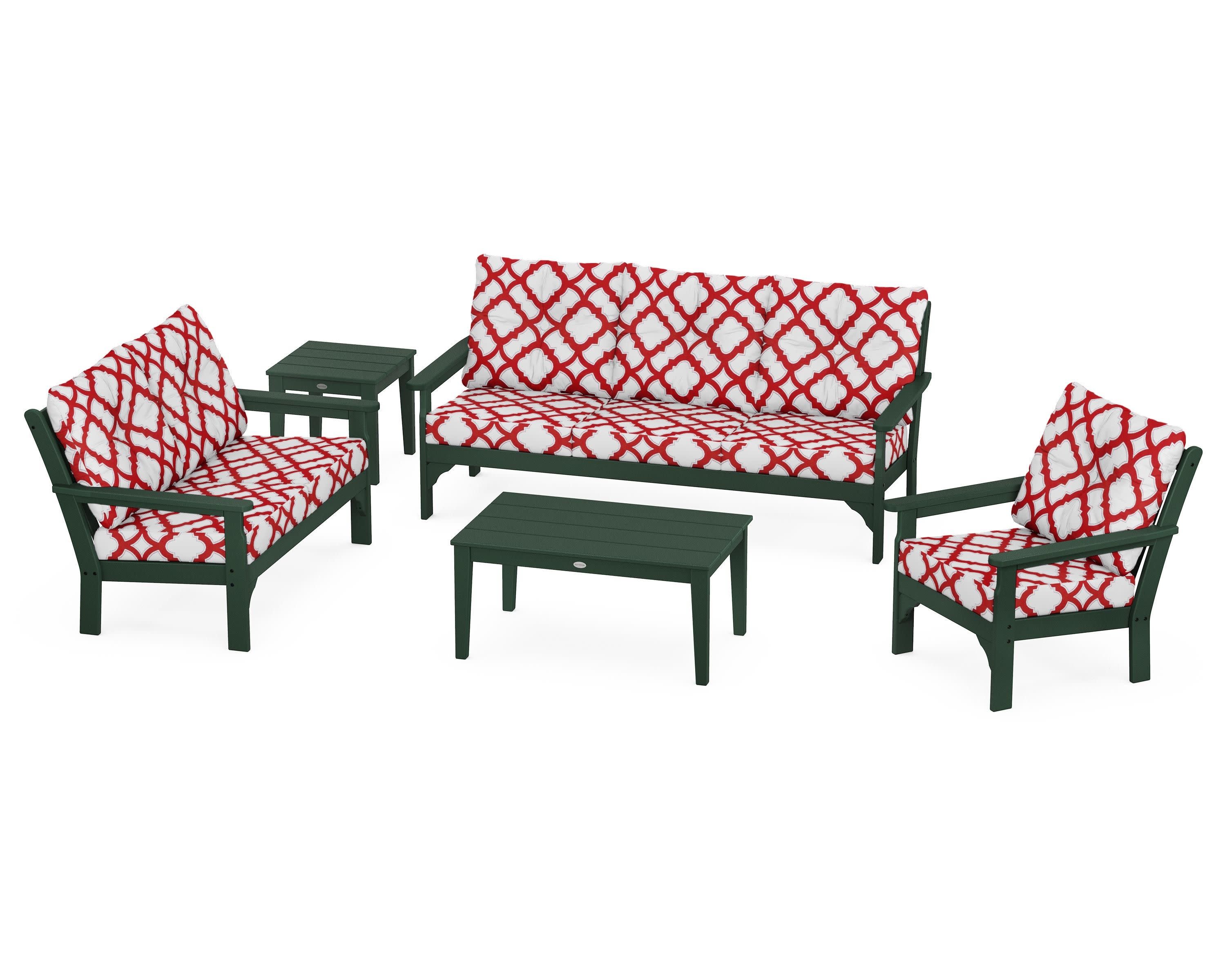 Vineyard 5 Piece Deep Seating Set in Green / Trellis Crimson