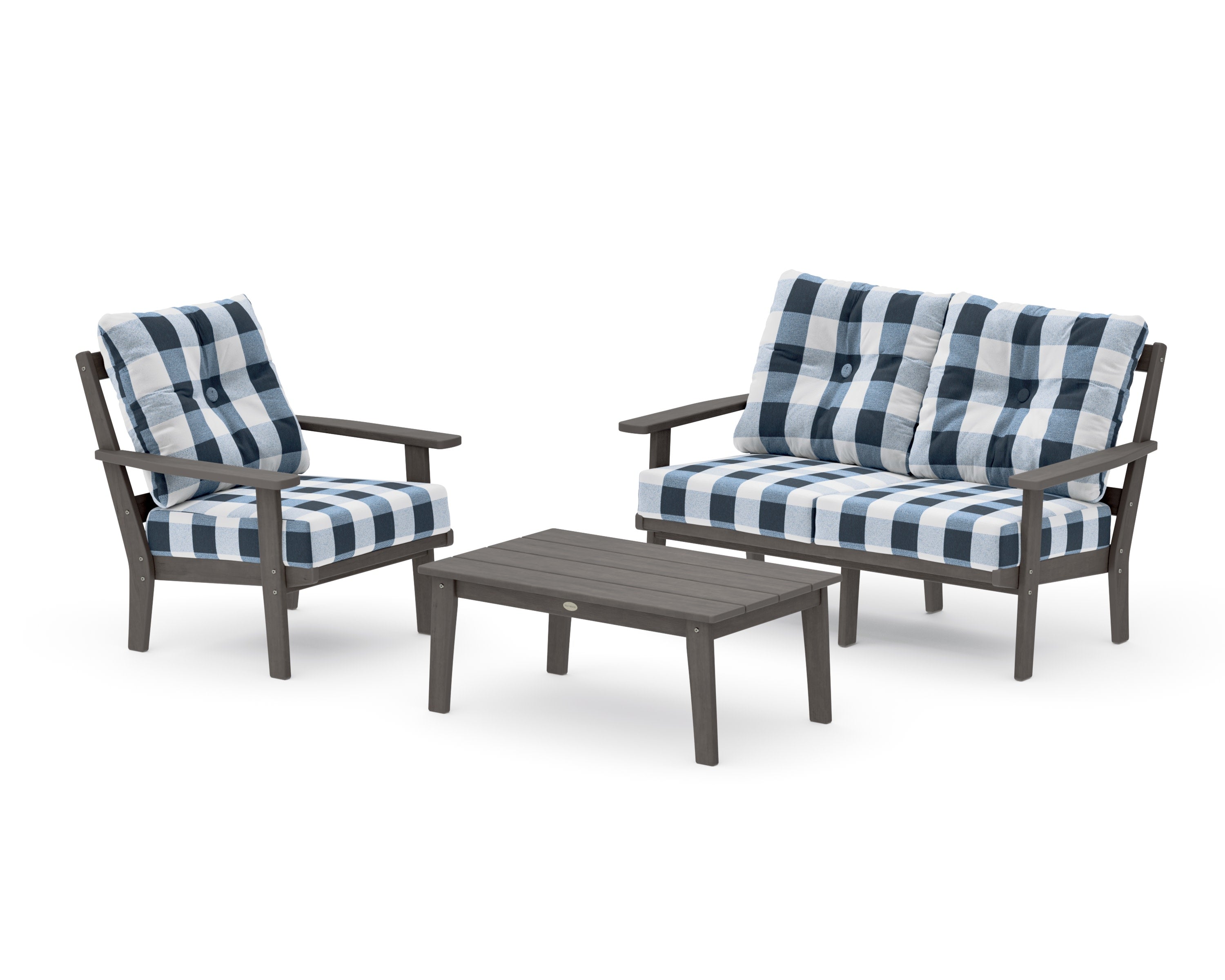 Oxford 3-Piece Deep Seating Set with Loveseat in Driftwood / Buffalo Plaid Marine Indigo