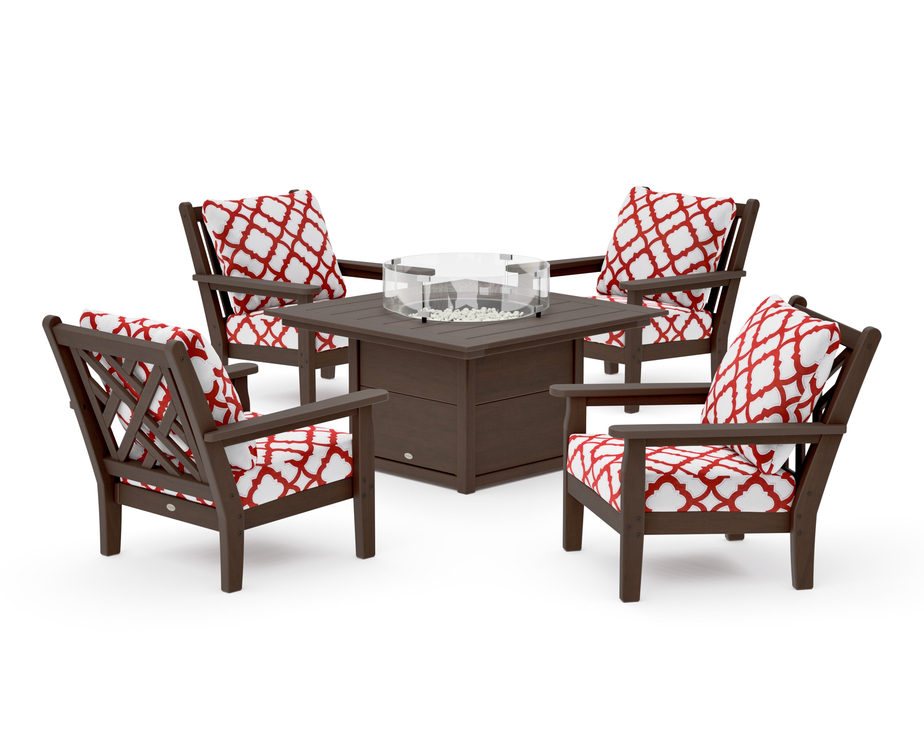 Chippendale 5-Piece Deep Seating Set with Fire Pit Table in Kona / Trellis Crimson