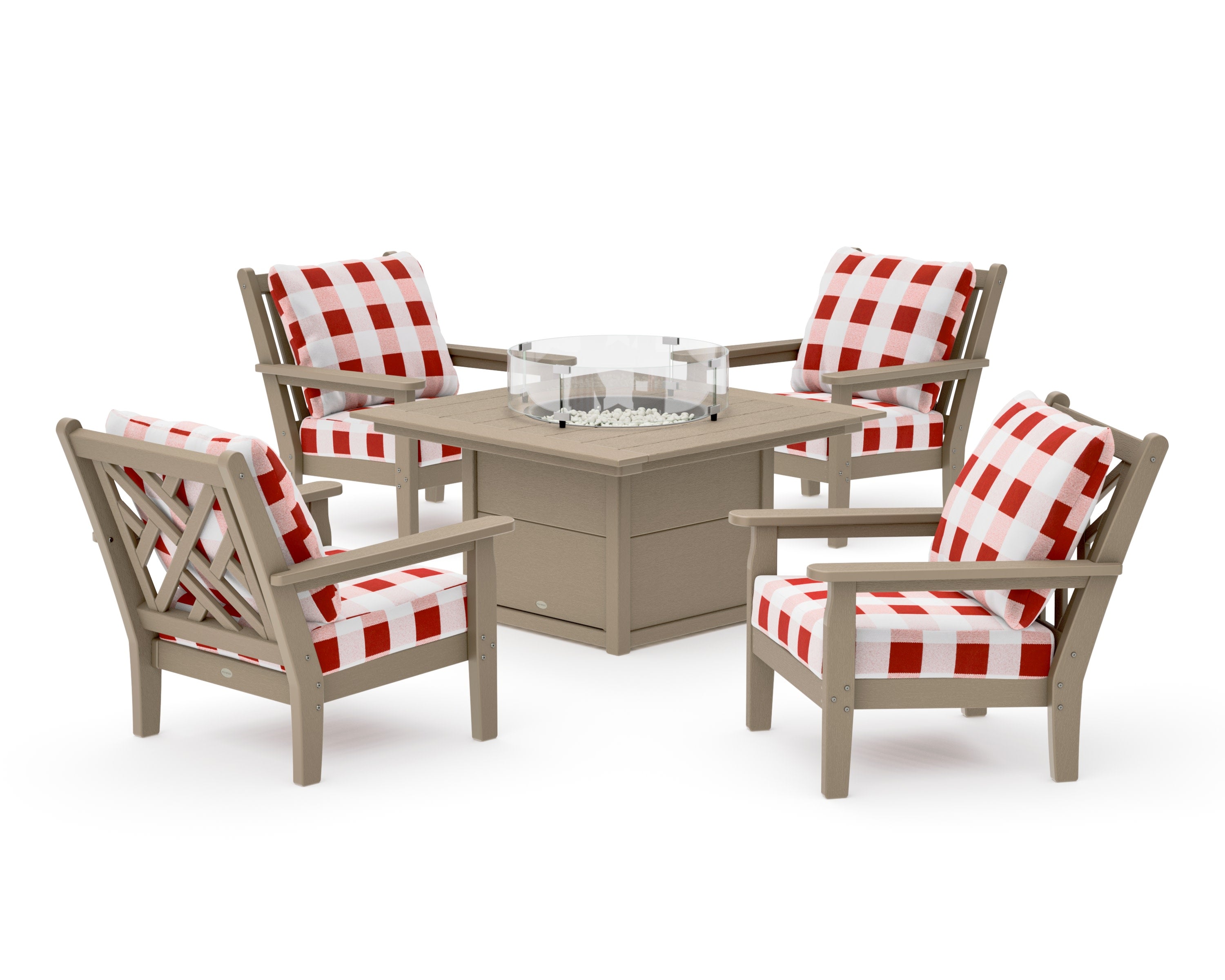 Chippendale 5-Piece Deep Seating Set with Fire Pit Table in Vintage Sahara / Buffalo Plaid Crimson