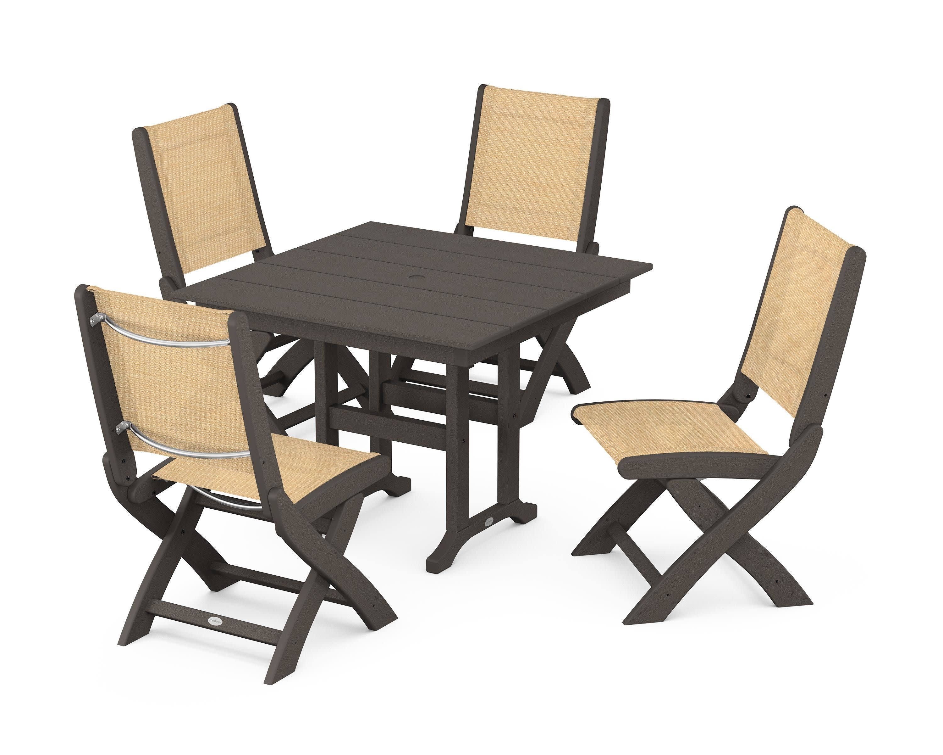 Coastal Folding Side Chair 5-Piece Farmhouse Dining Set in Vintage Coffee / Dupioni Apricot Sling