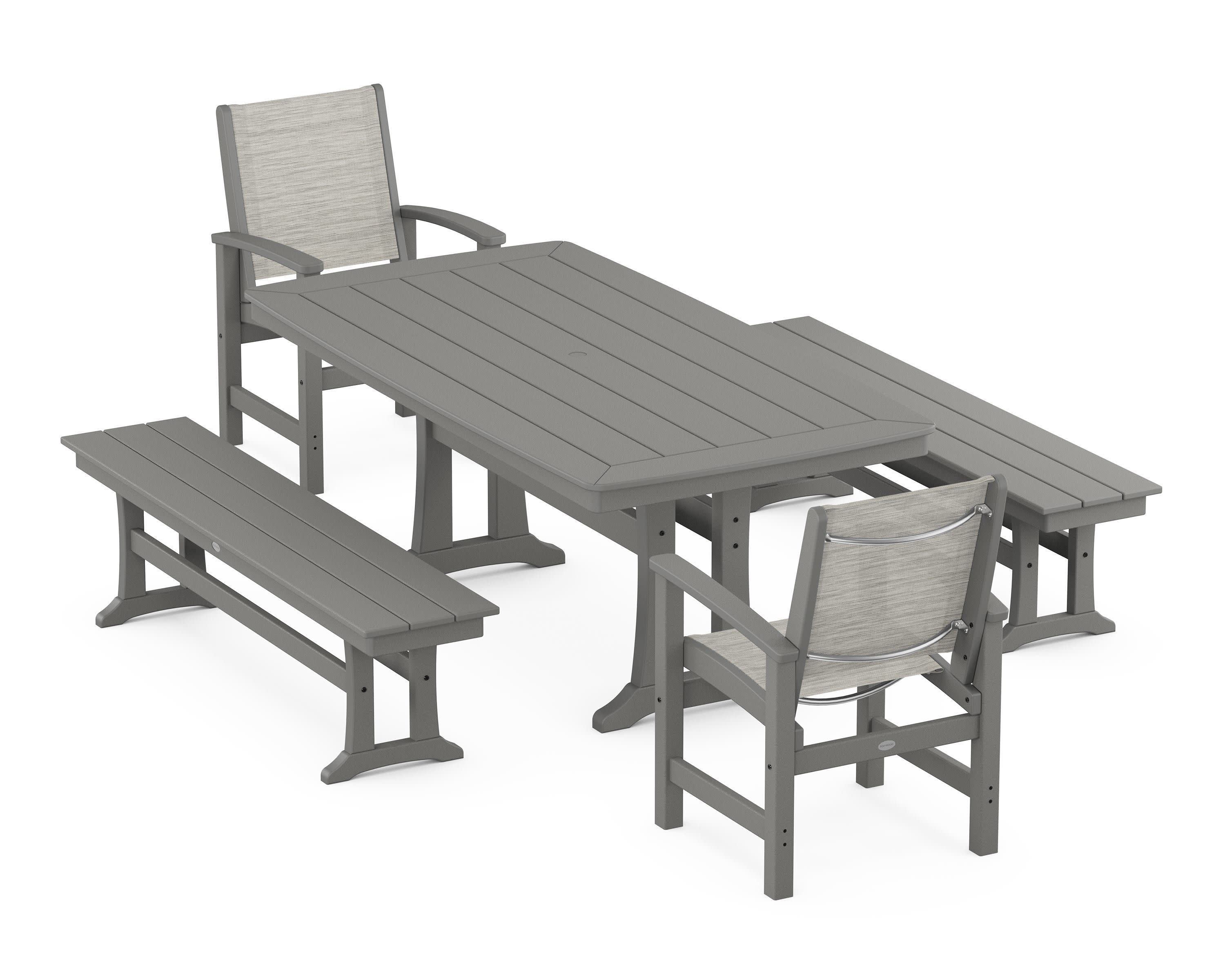 Coastal 5-Piece Dining Set with Trestle Legs and Benches in Slate Grey / Birch Sling