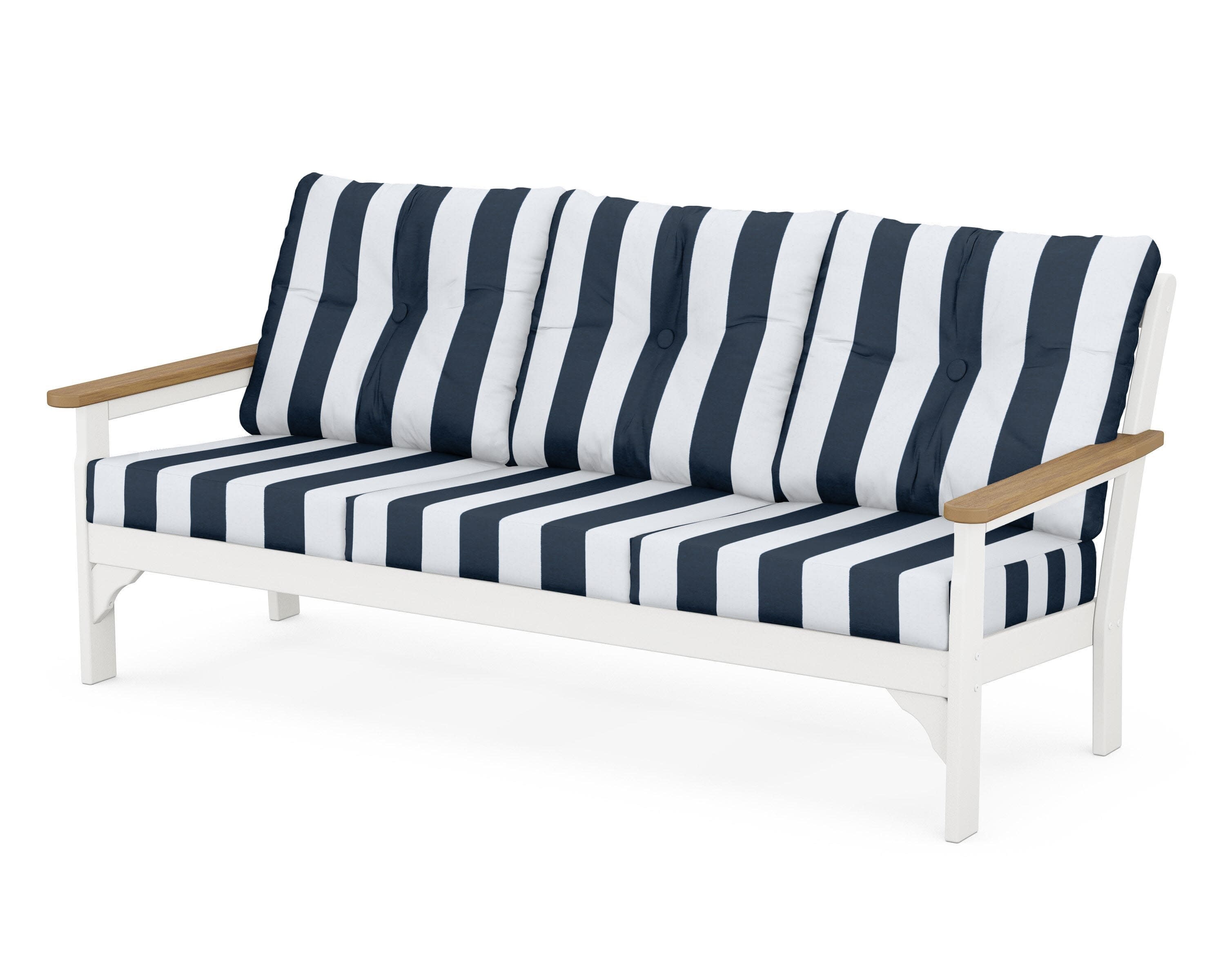 Vineyard Deep Seating Sofa in White / Natural / Cabana Stripe Marine Indigo