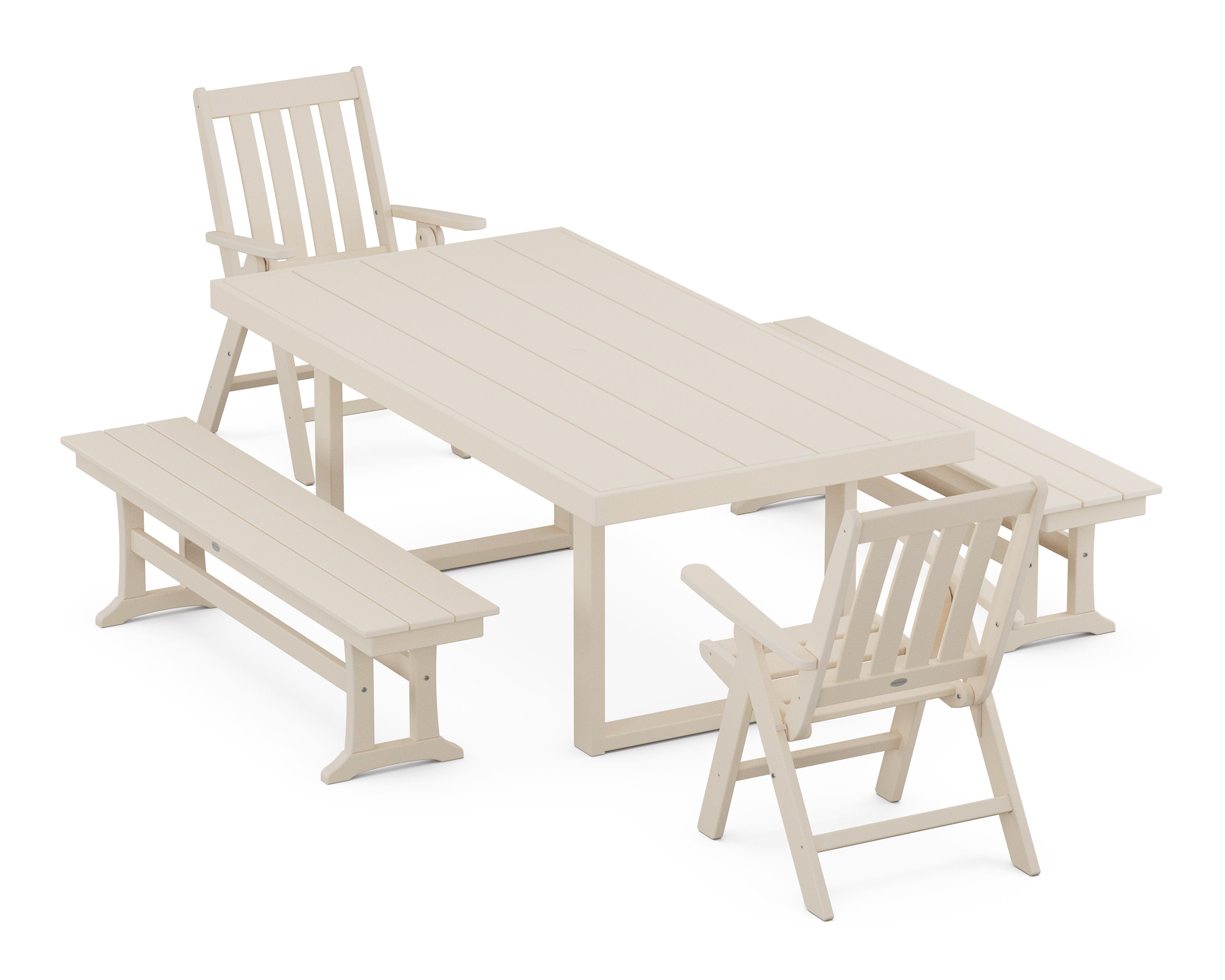 Vineyard Folding Chair 5-Piece Dining Set with Benches in Sand