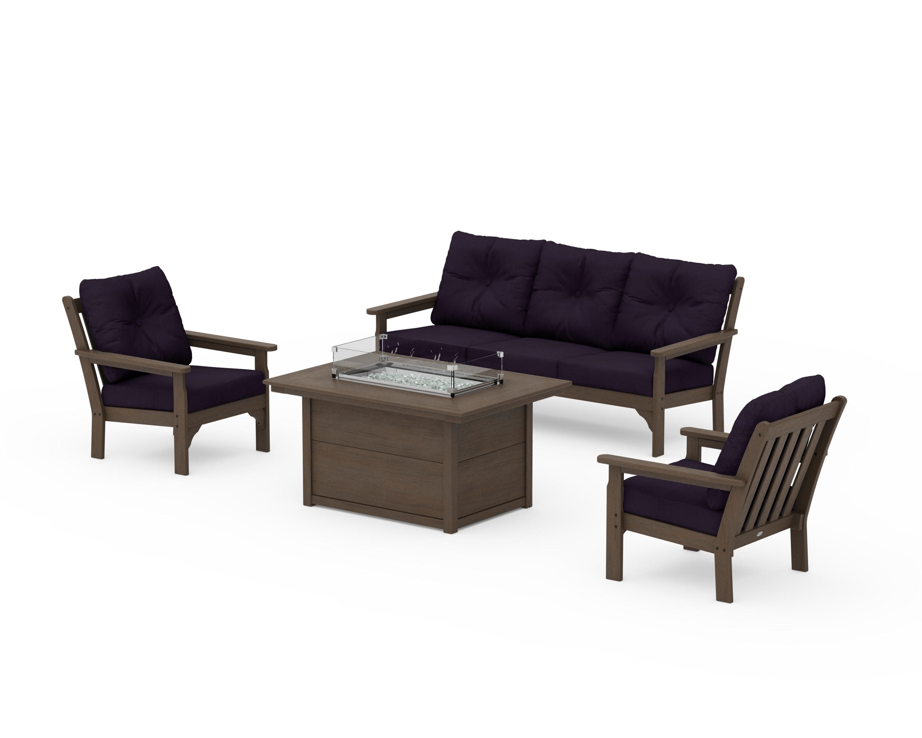 Vineyard Deep Seating Fire Pit Table Set in Kona / Navy Linen