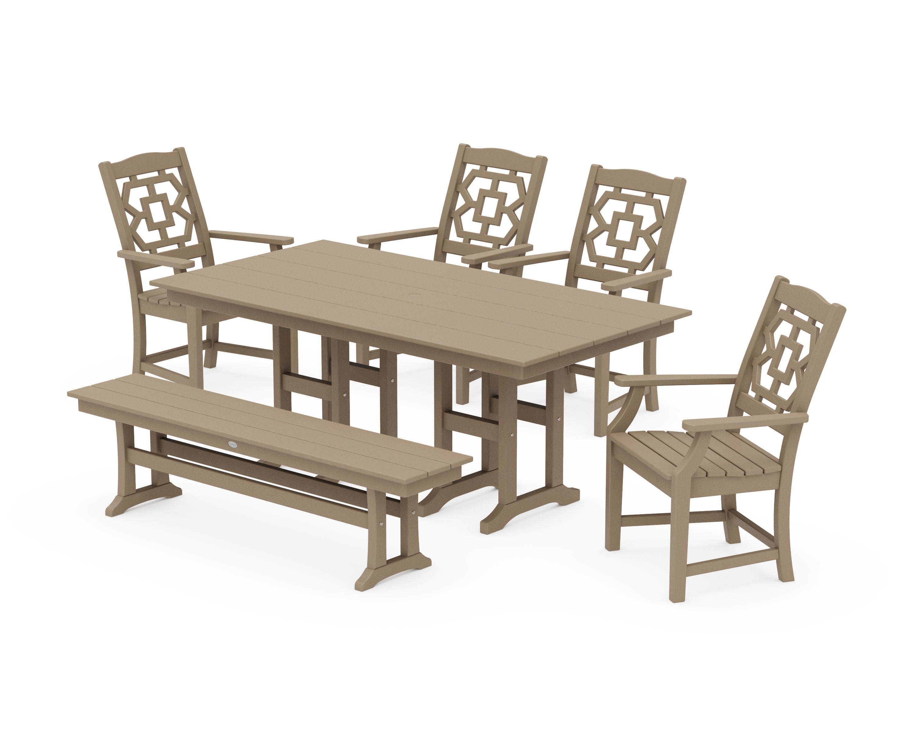 Chinoiserie 6-Piece Farmhouse Dining Set with Bench in Vintage Sahara