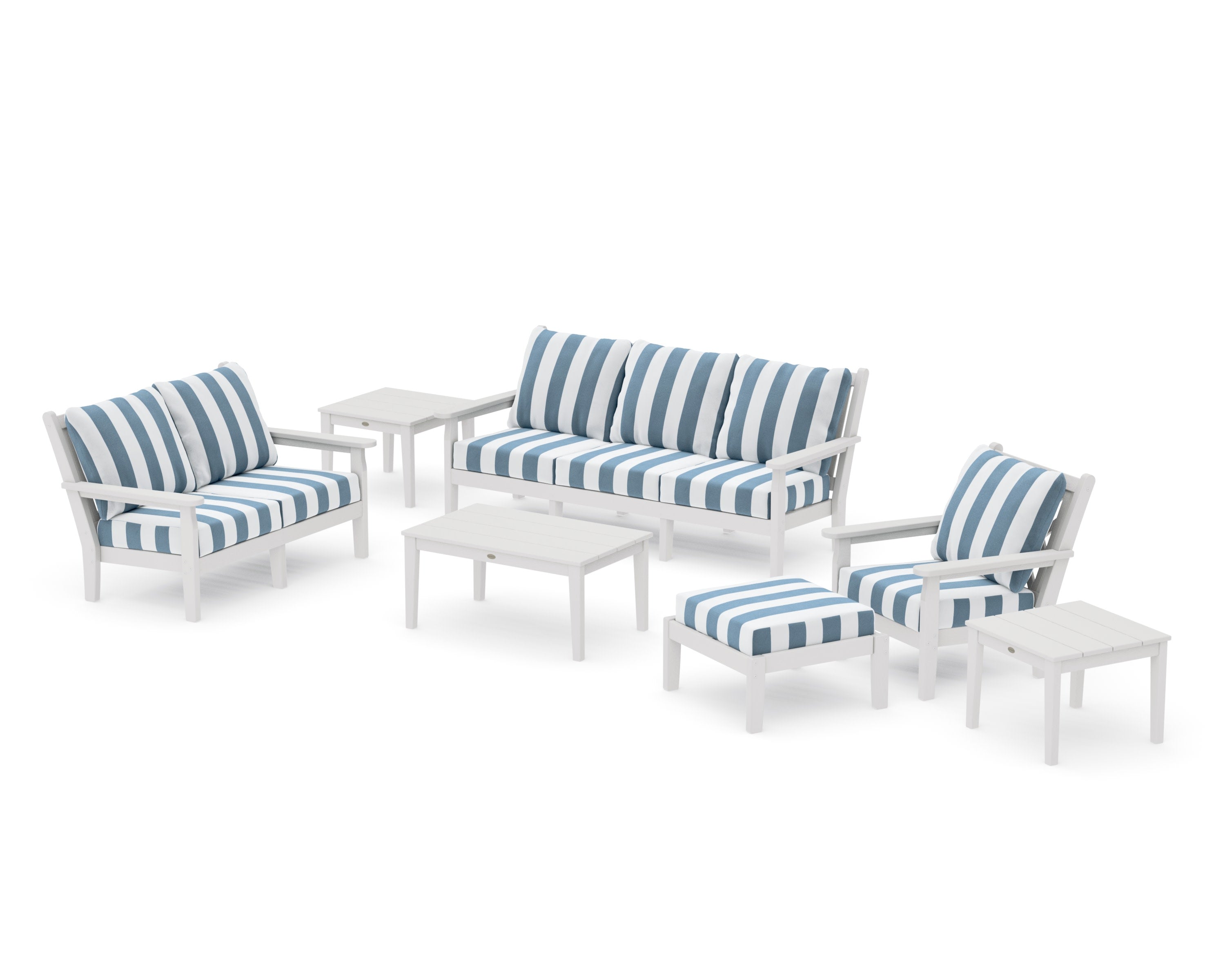 Chippendale 7-Piece Deep Seating Set in Vintage White / Cabana Stripe Sky Blue