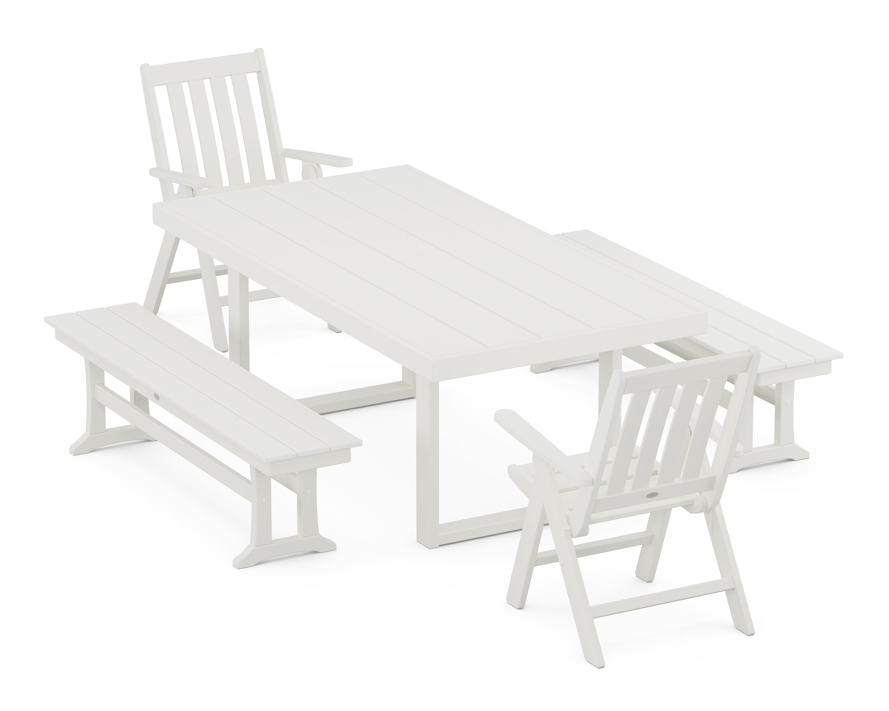 Vineyard Folding Chair 5-Piece Dining Set with Benches in Vintage White