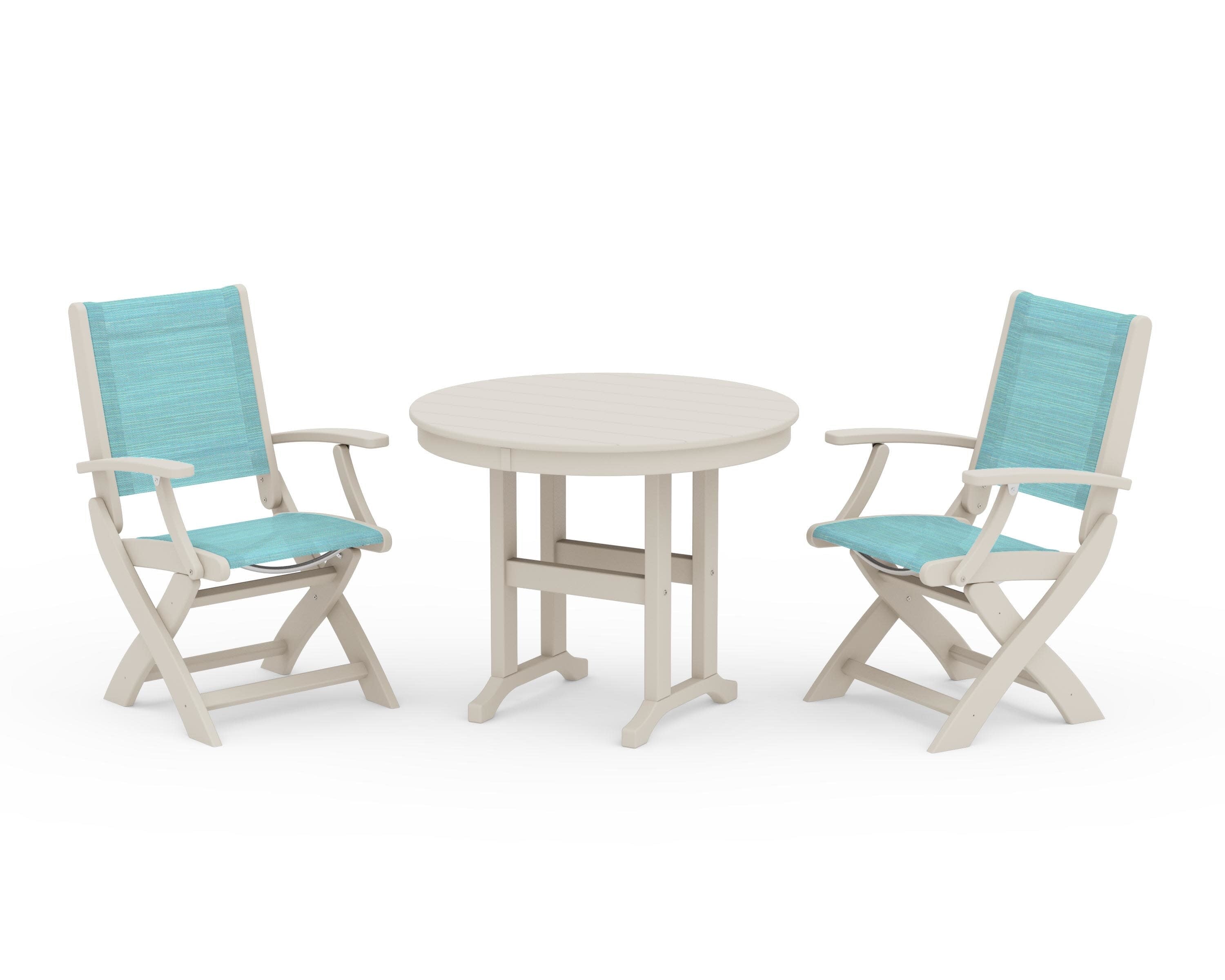 Coastal Folding Chair 3-Piece Round Dining Set in Sand / Dupioni Aquamarine Sling