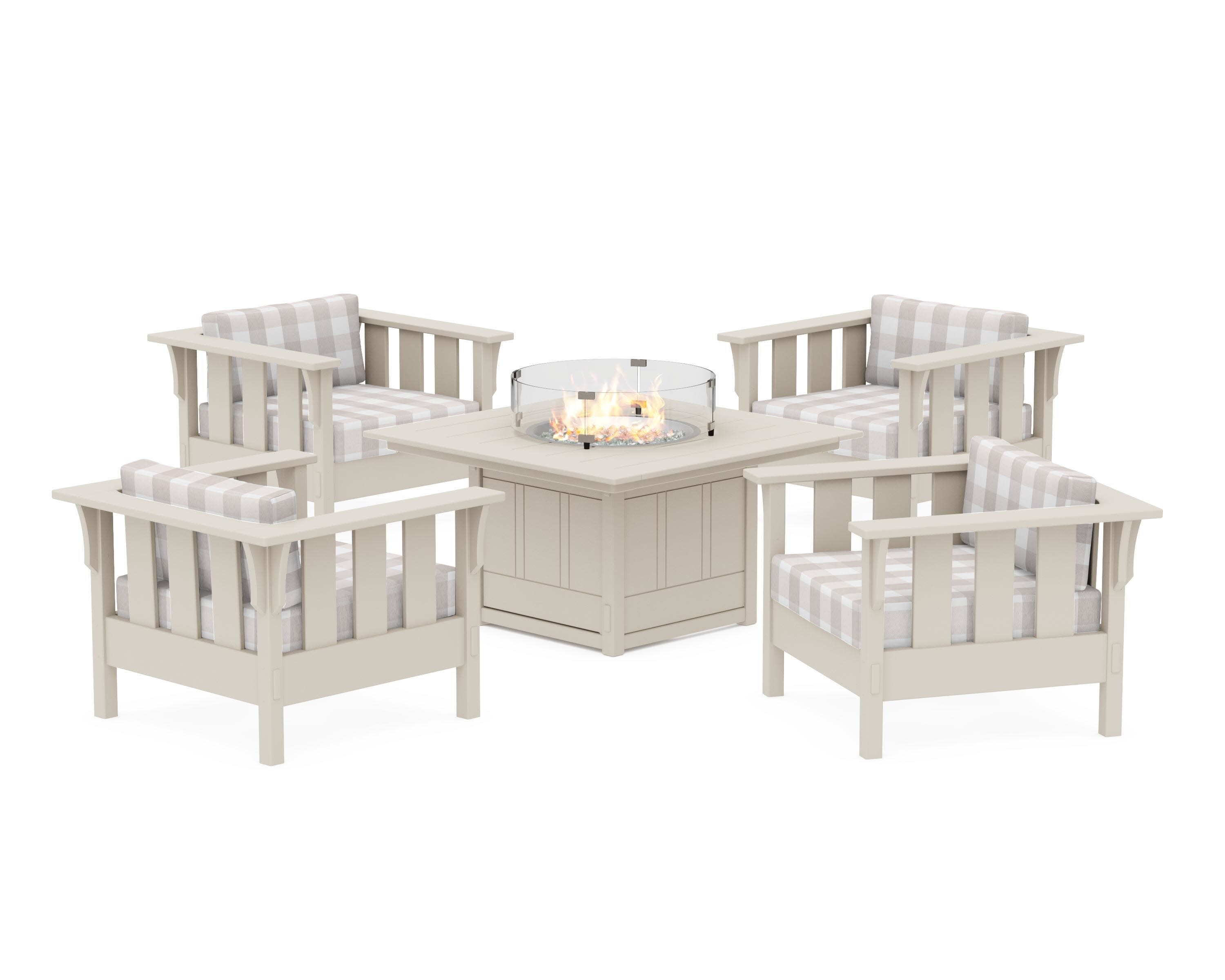 Acadia 5-Piece Deep Seating Set with Fire Pit Table in Sand / Buffalo Plaid Dune Burlap