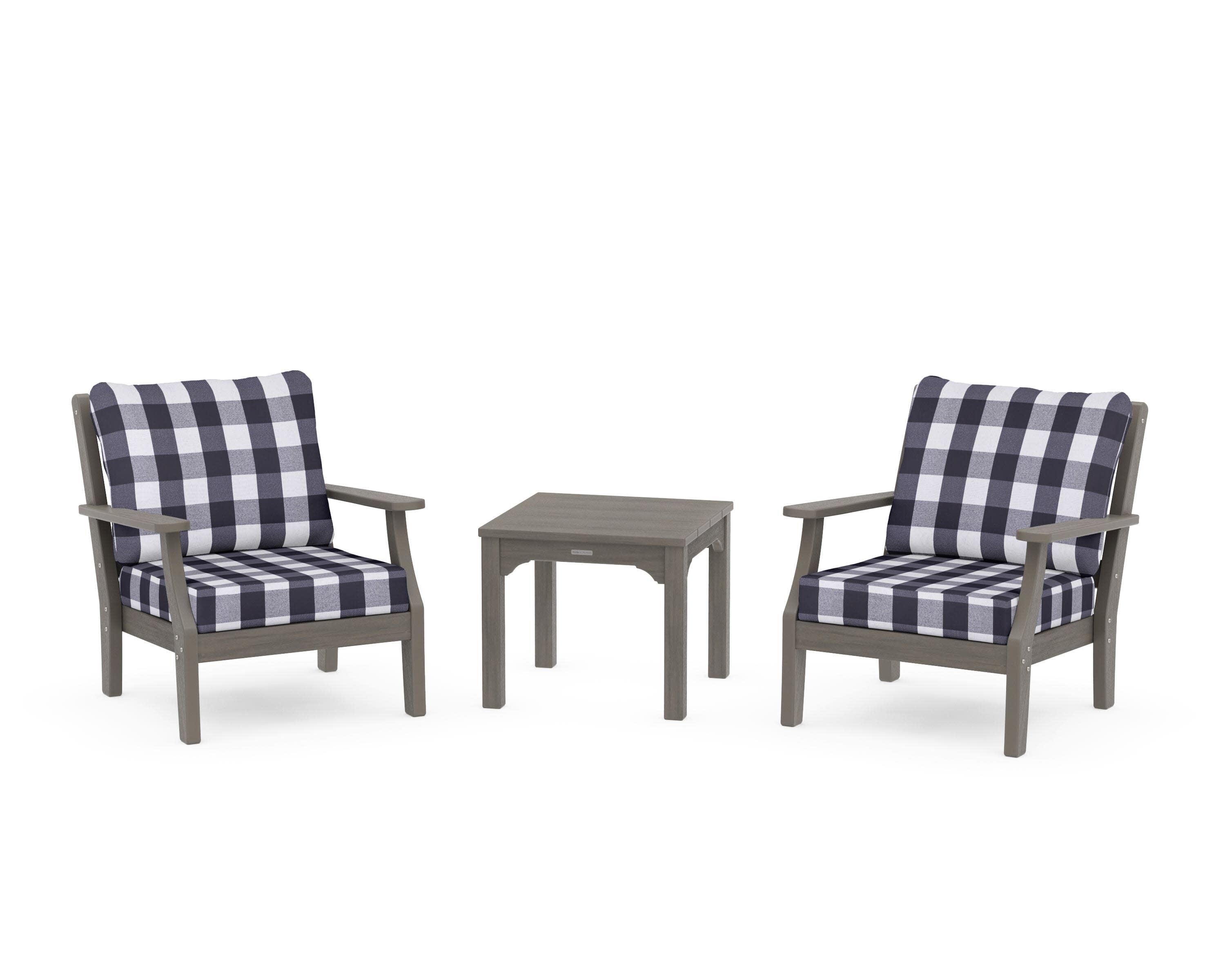 Chinoiserie 3-Piece Deep Seating Set in Driftwood / Buffalo Plaid Navy