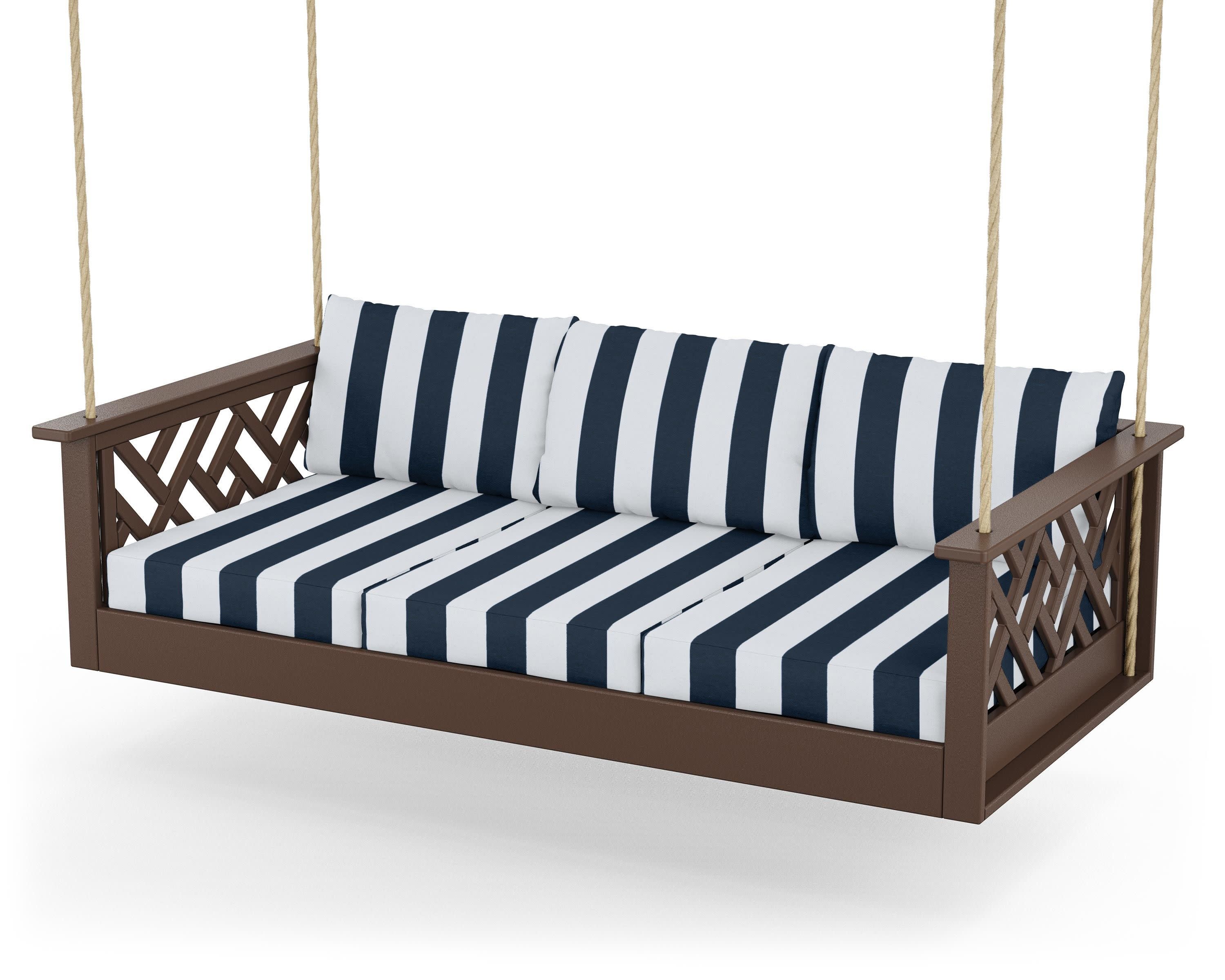Chippendale Daybed Swing in Mahogany / Cabana Stripe Marine Indigo