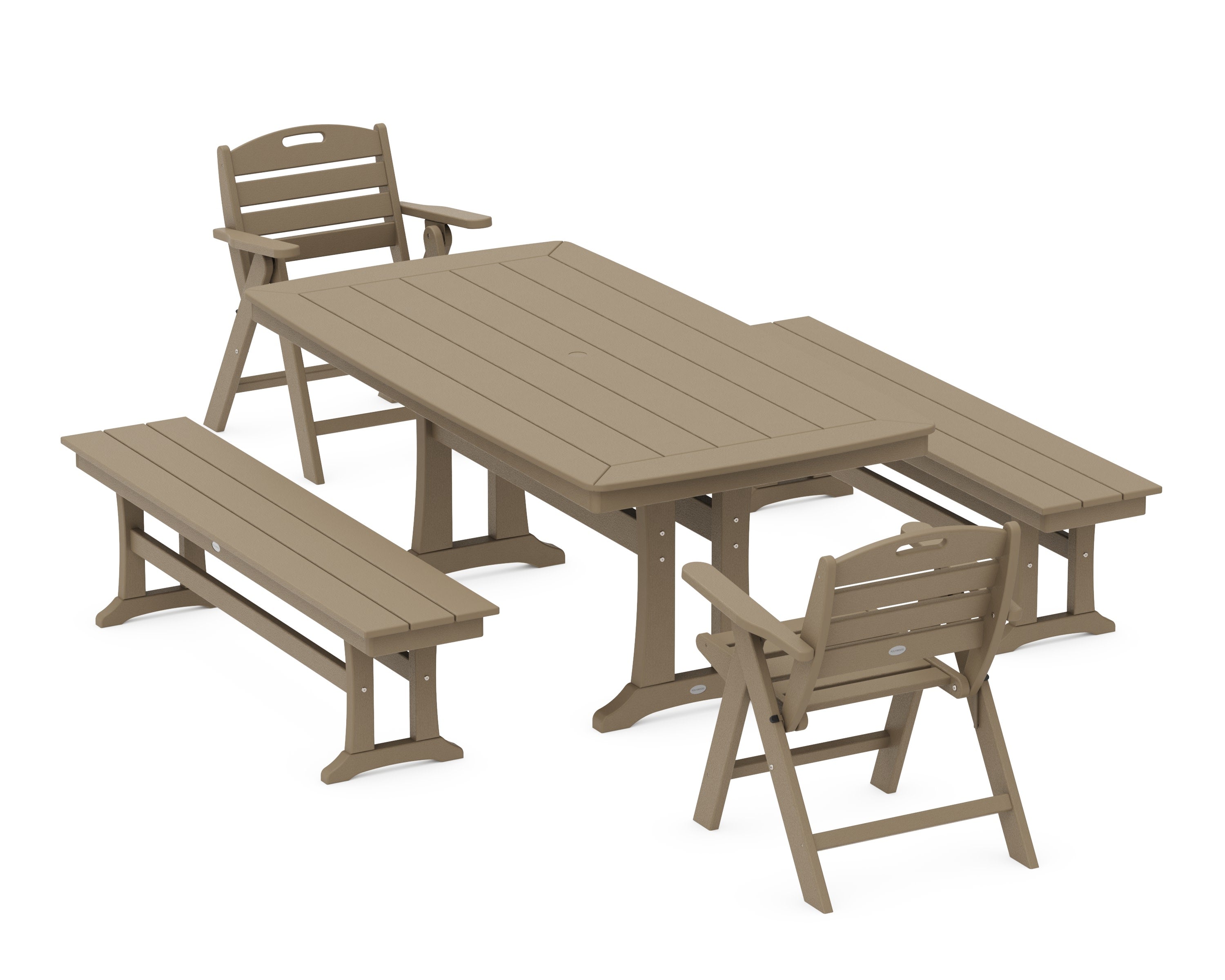 Nautical Folding Lowback Chair 5-Piece Dining Set with Trestle Legs and Benches in Vintage Sahara
