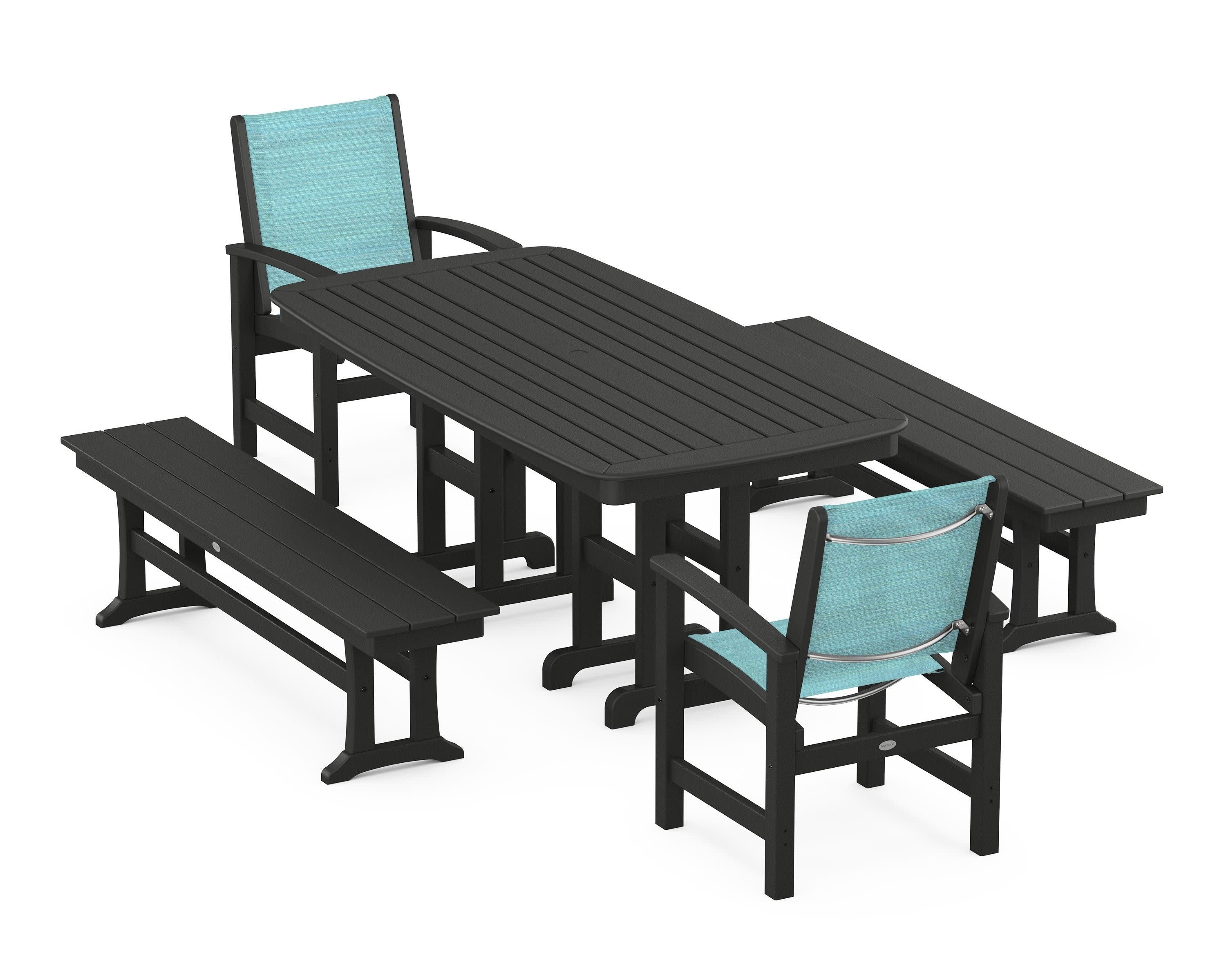 Coastal 5-Piece Dining Set in Black / Dupioni Aquamarine Sling