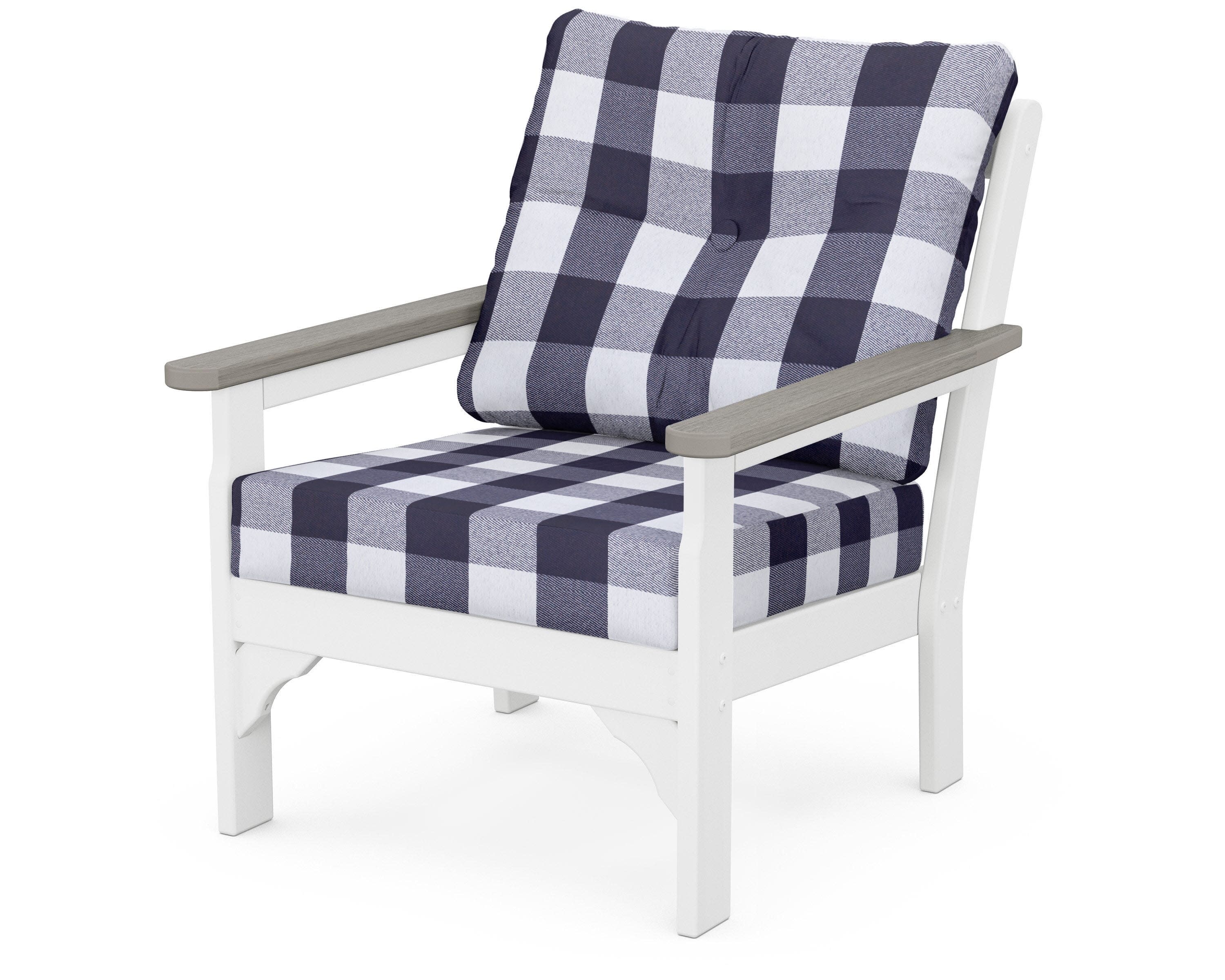Vineyard Deep Seating Chair in White / Driftwood / Buffalo Plaid Navy