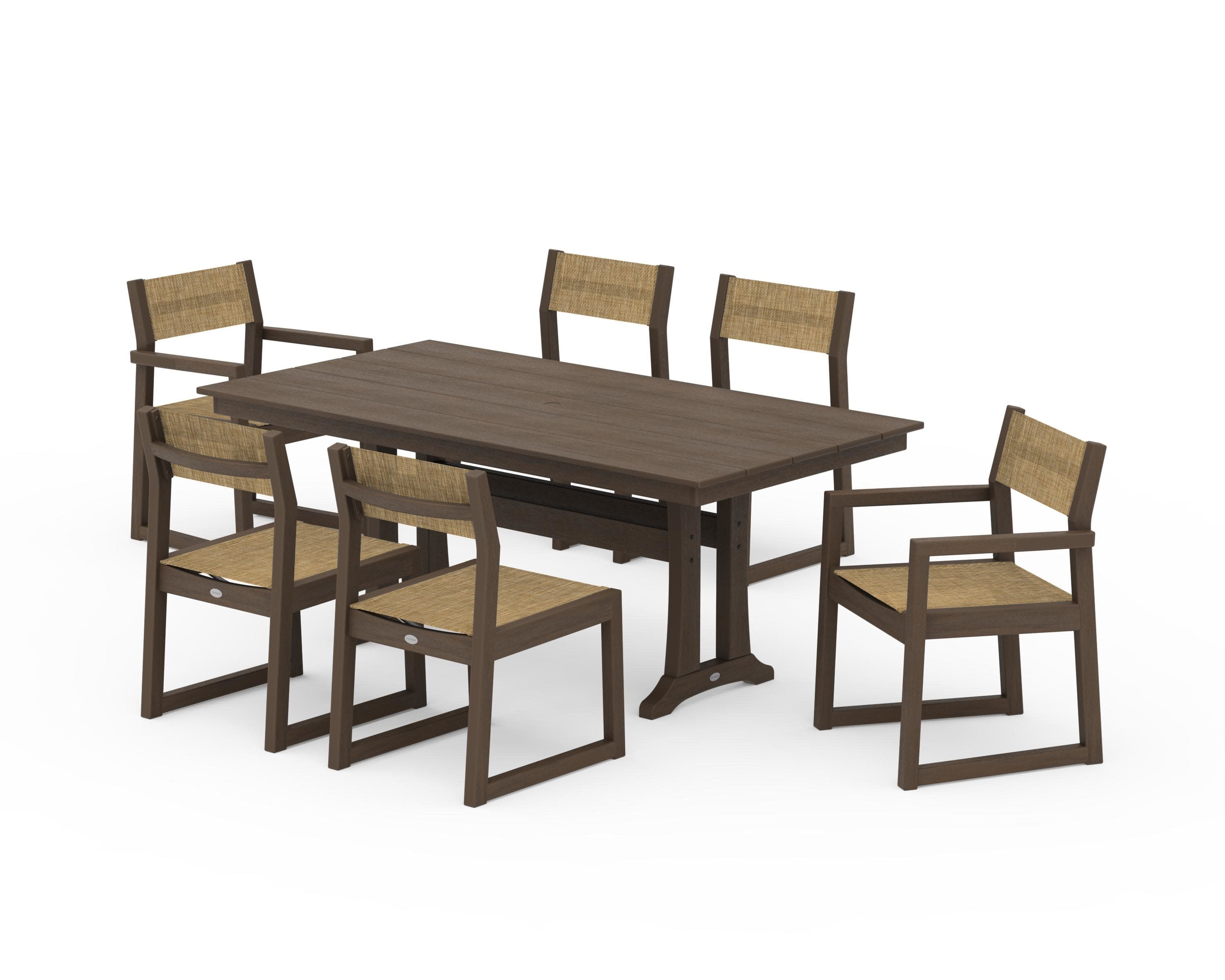 EDGE Sling 7-Piece Farmhouse Trestle Dining Set in Kona / Burlap Sling