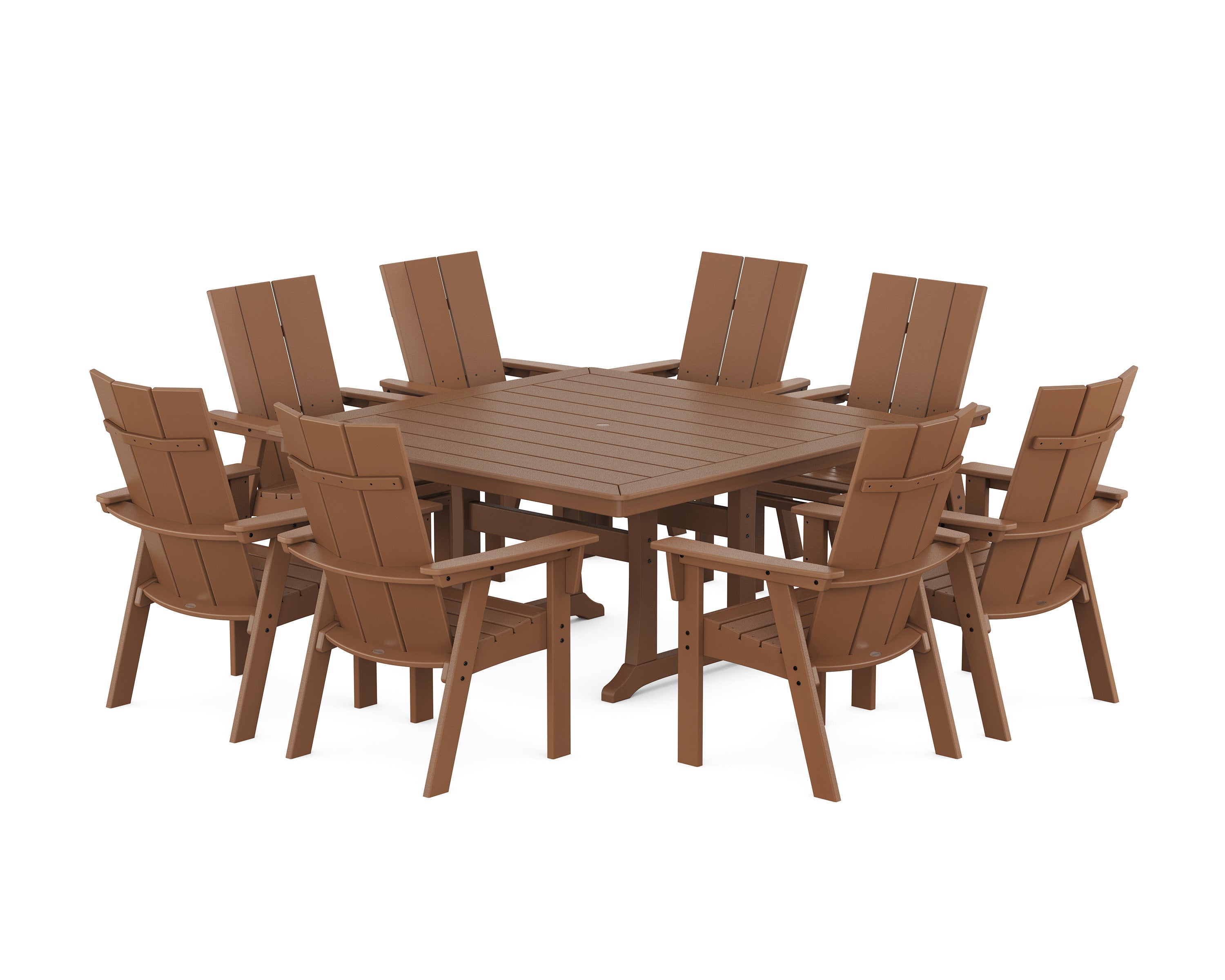 Modern Curveback Adirondack 9-Piece Square Dining Set with Trestle Legs in Teak