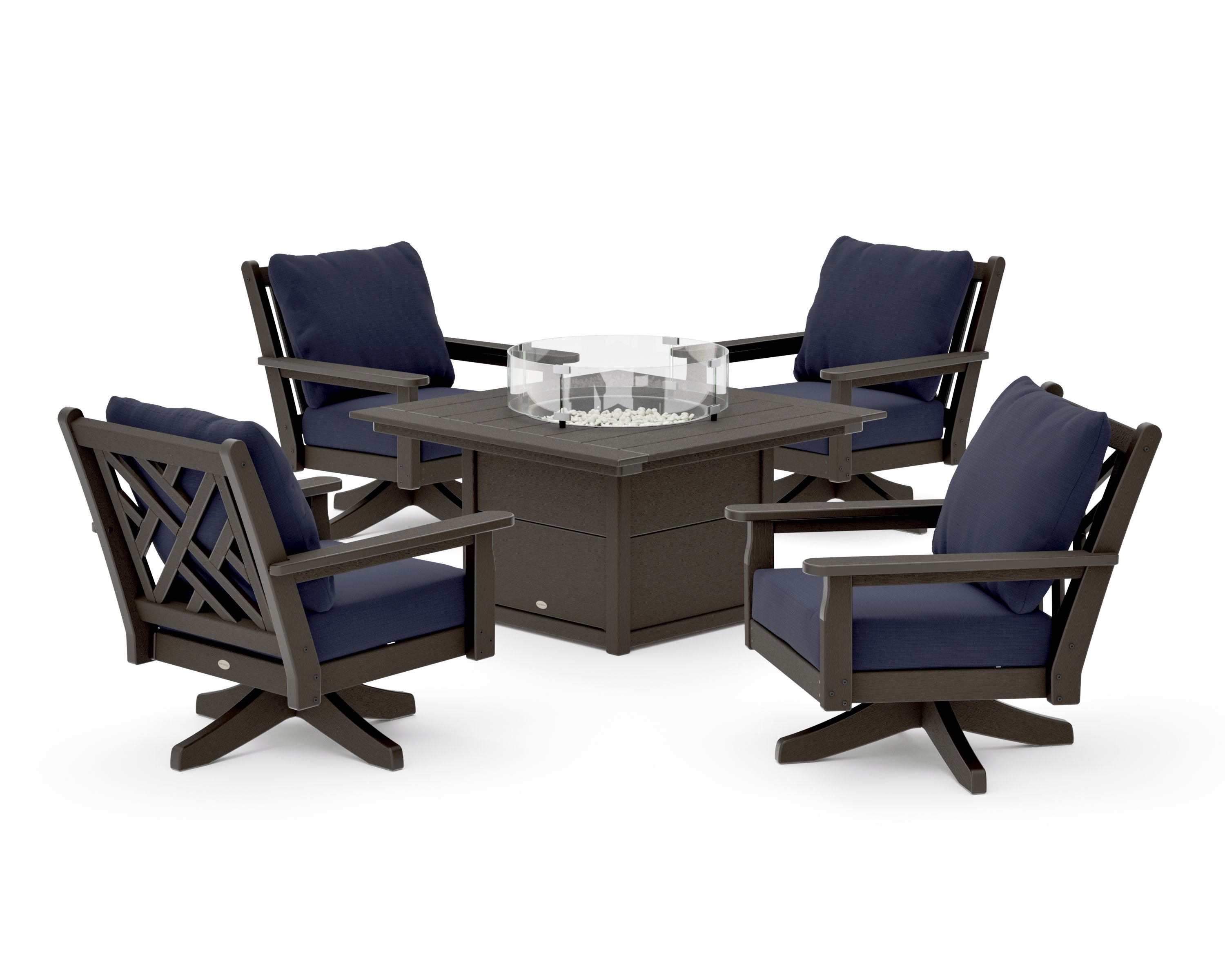 Chippendale 5-Piece Deep Seating Swivel Conversation Set with Fire Pit Table in Vintage Coffee / Navy Linen
