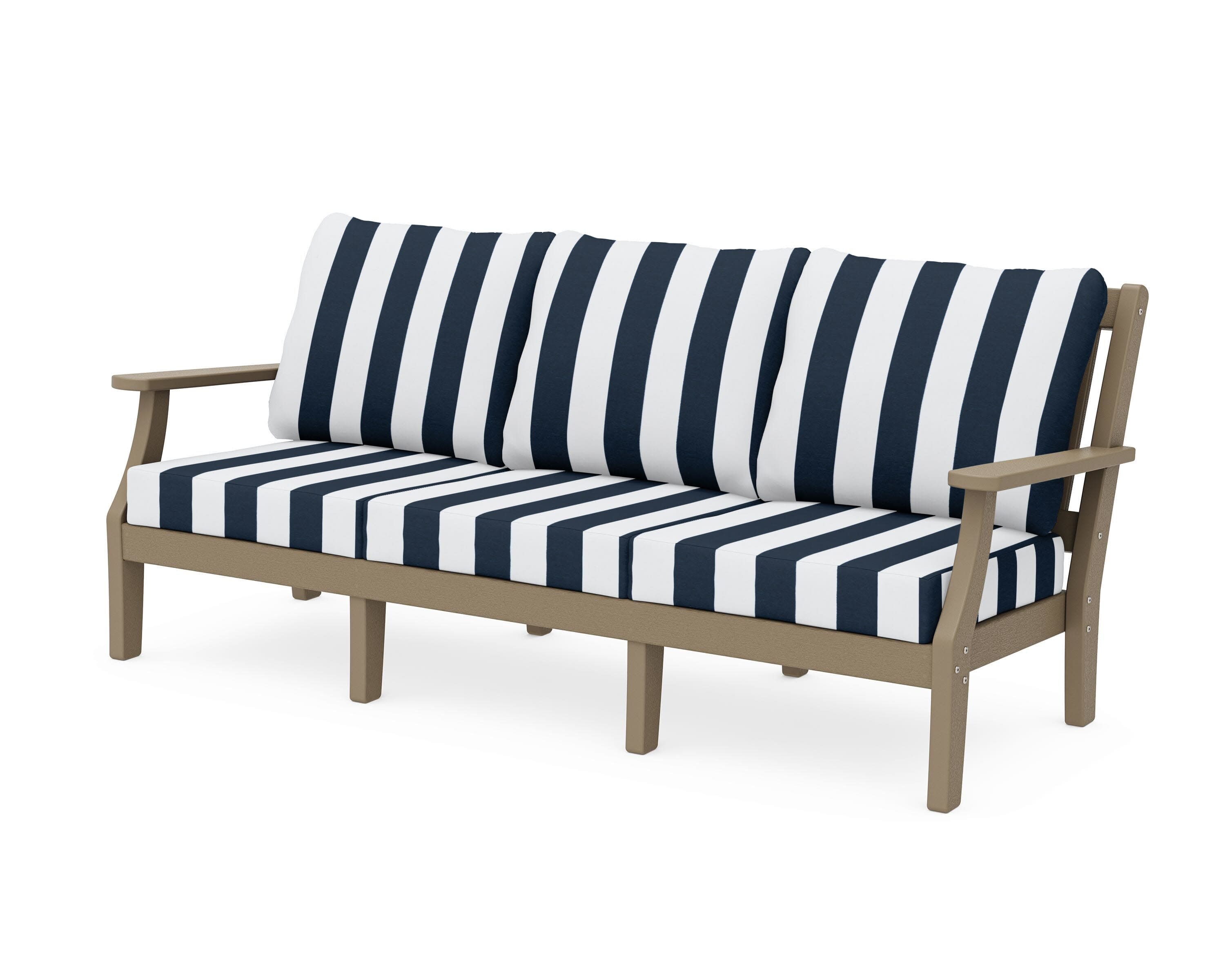 Chinoiserie Deep Seating Sofa in Vintage Sahara / Cabana Stripe Marine Indigo