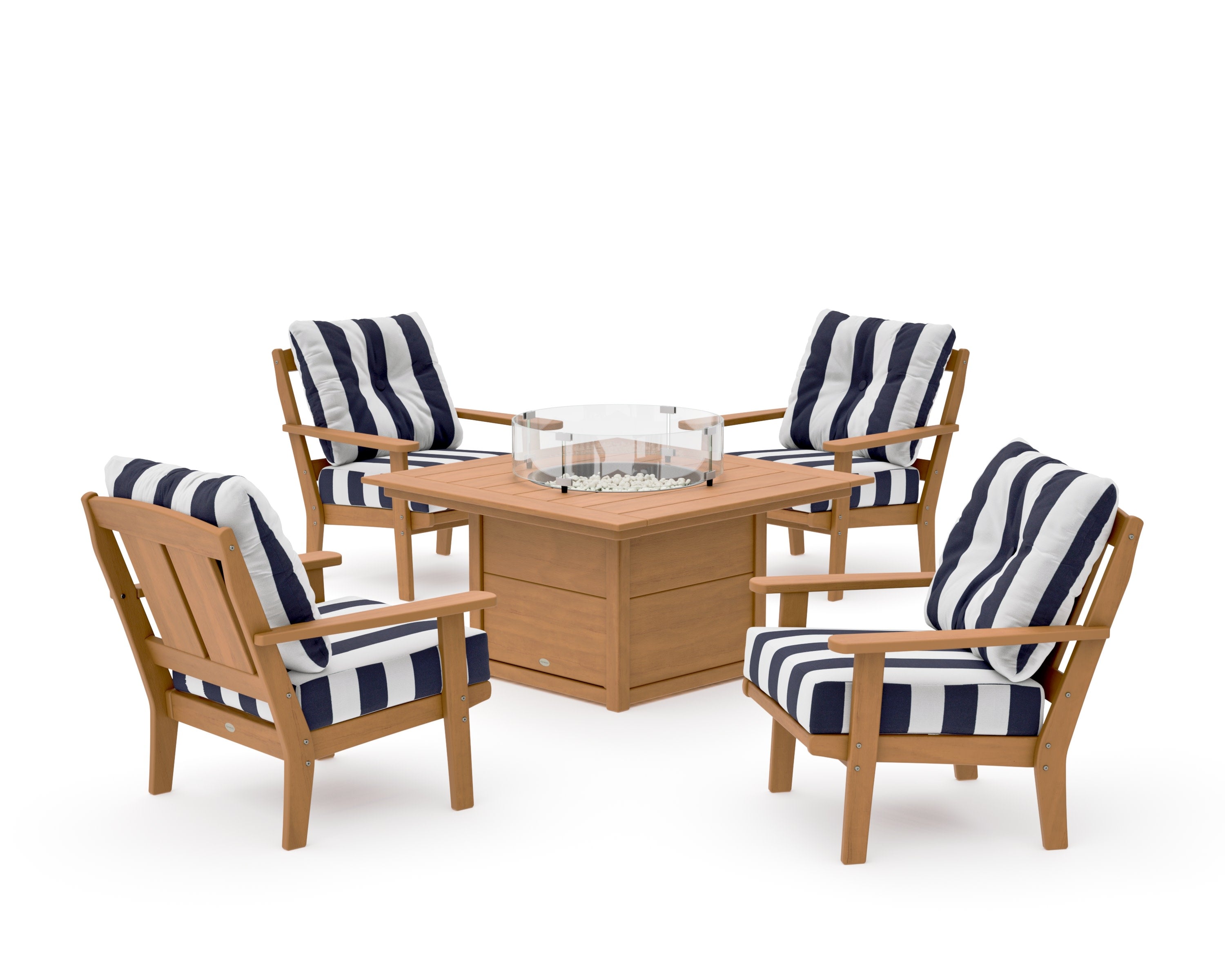 Mission 5-Piece Deep Seating Set with Fire Pit Table in Natural / Cabana Stripe Navy