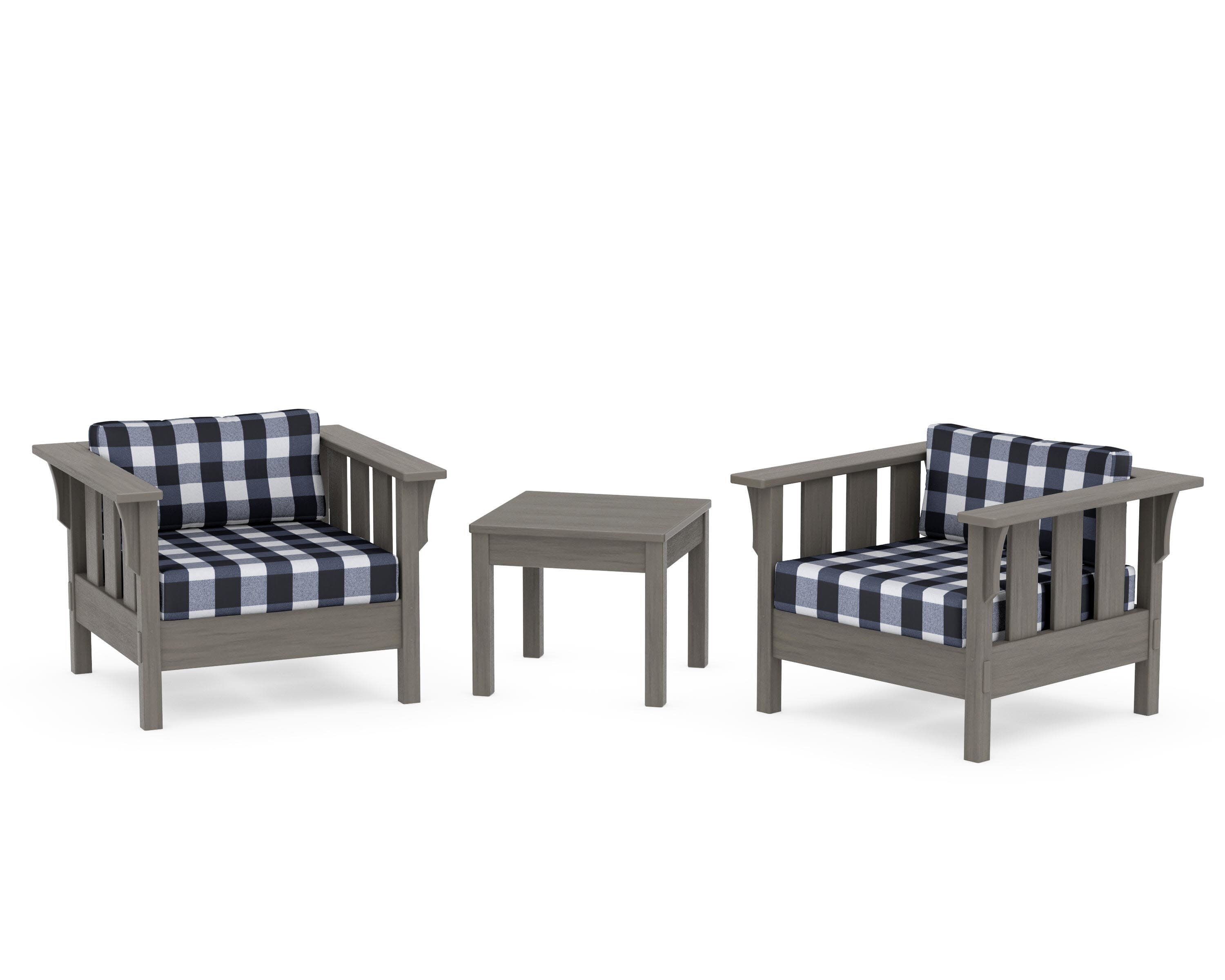 Acadia 3-Piece Deep Seating Set in Driftwood / Buffalo Plaid Marine Indigo