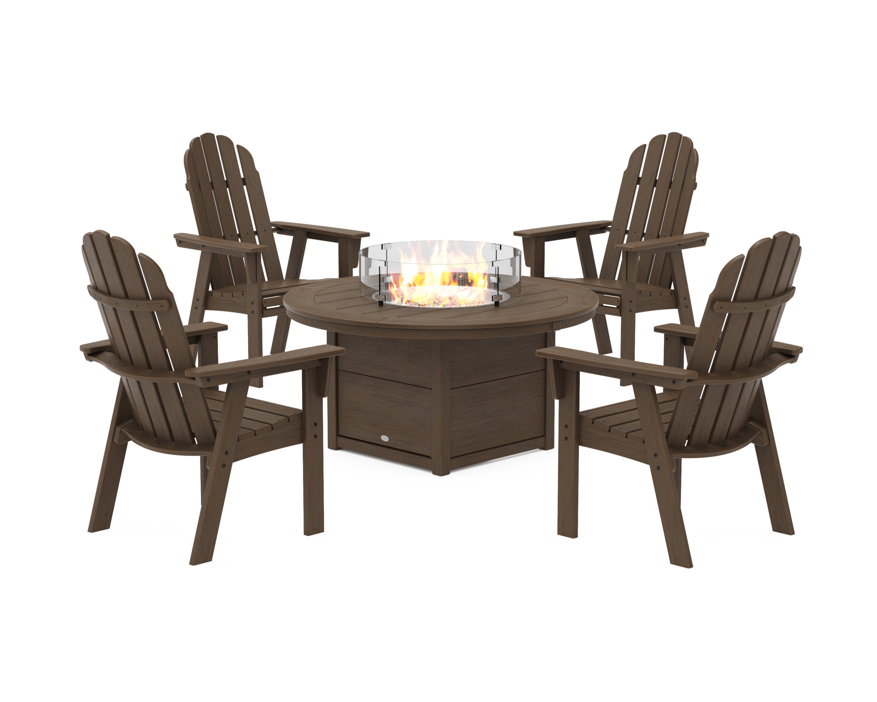 Vineyard 4-Piece Curveback Upright Adirondack Conversation Set with Fire Pit Table in Kona