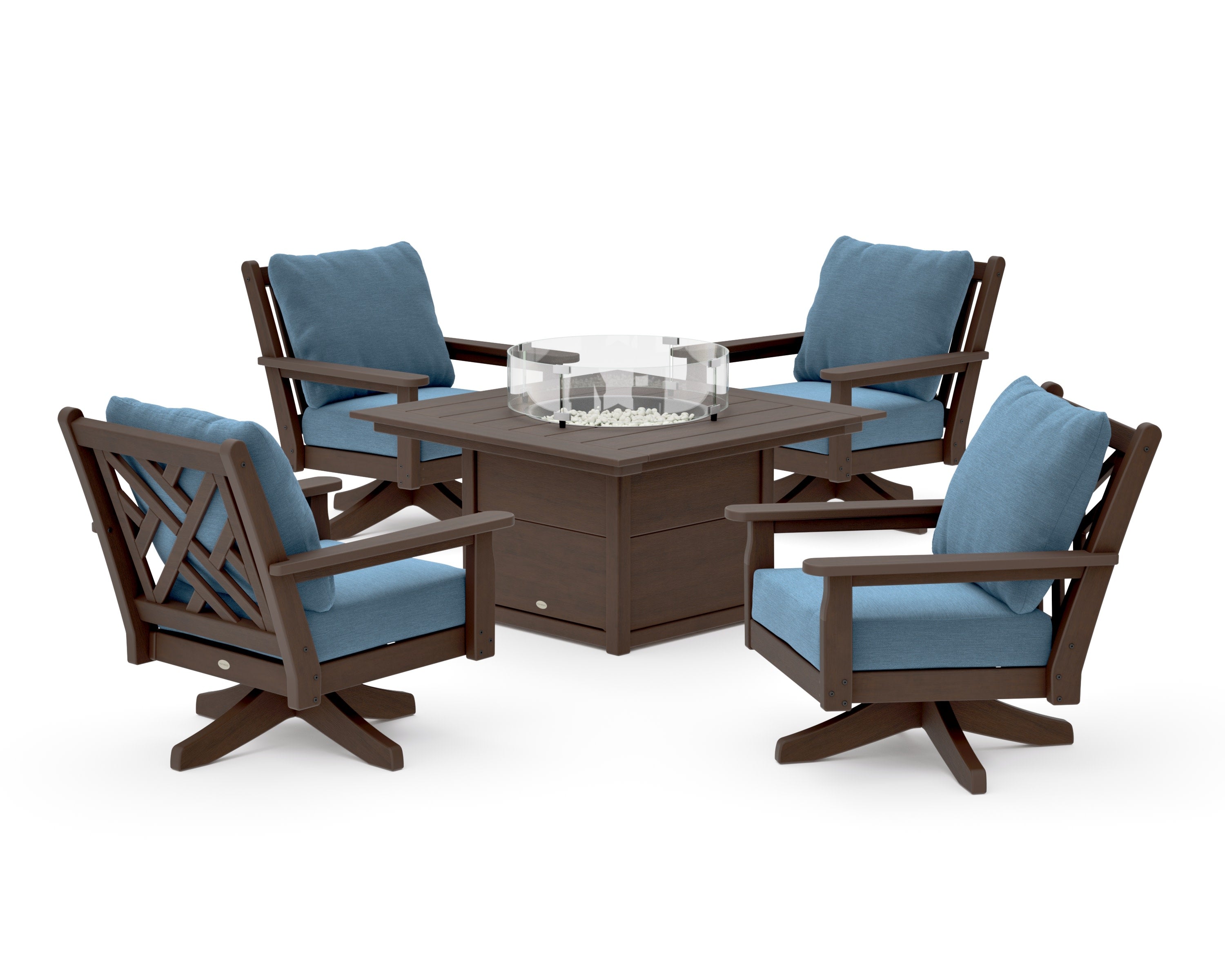 Chippendale 5-Piece Deep Seating Swivel Conversation Set with Fire Pit Table in Kona / Sky Blue