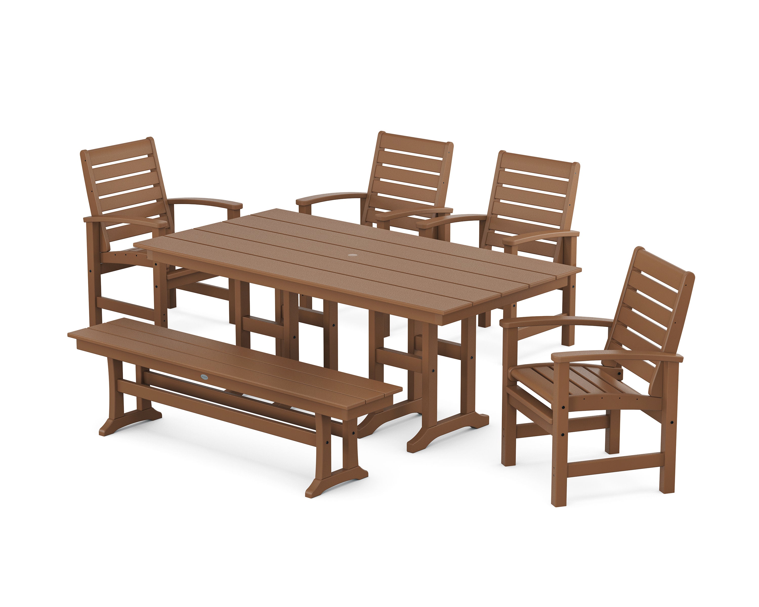Signature 6-Piece Farmhouse Dining Set with Bench in Teak