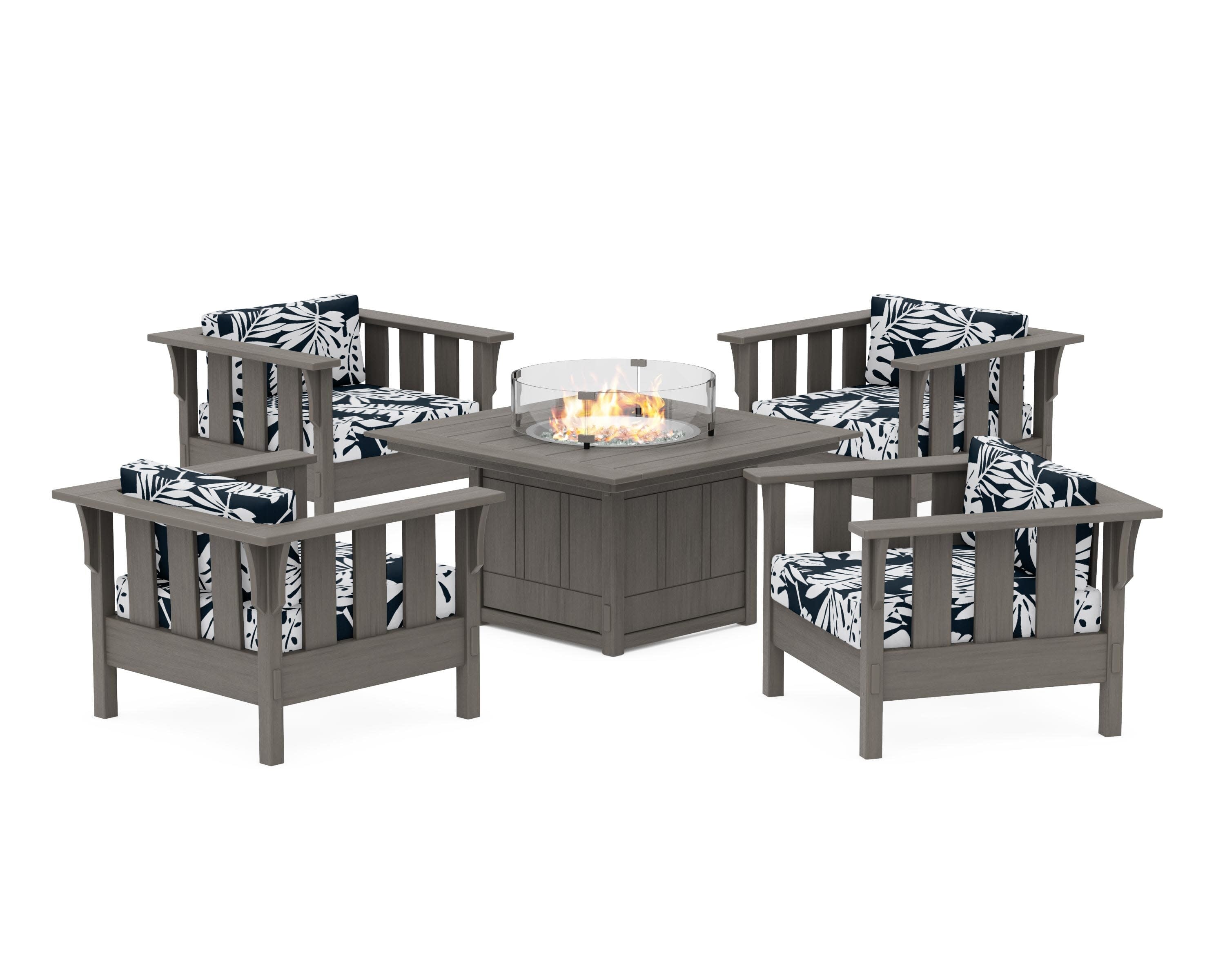 Acadia 5-Piece Deep Seating Set with Fire Pit Table in Driftwood / Leaf Marine Indigo
