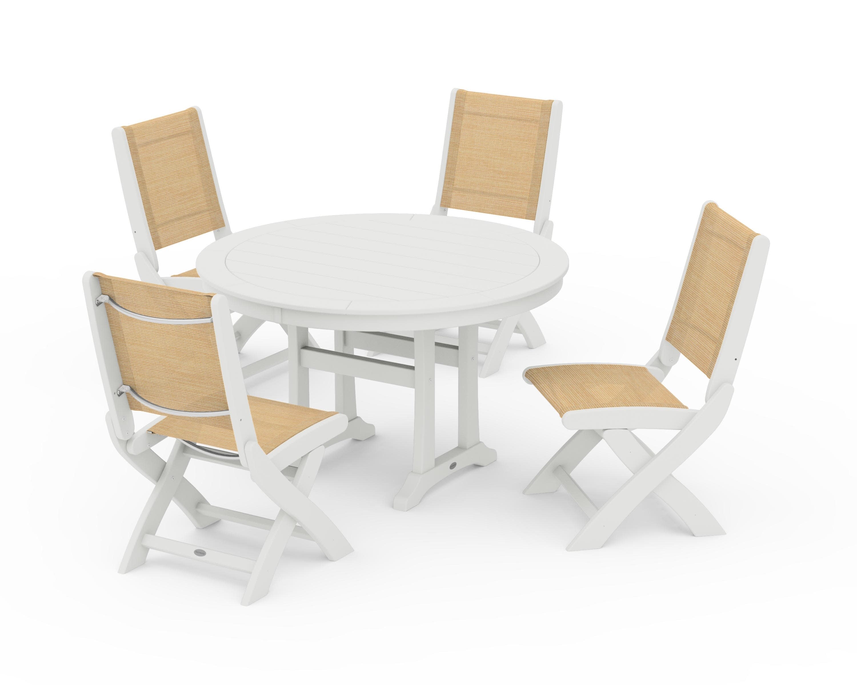 Coastal Folding Side Chair 5-Piece Round Dining Set With Trestle Legs in Vintage White / Dupioni Apricot Sling
