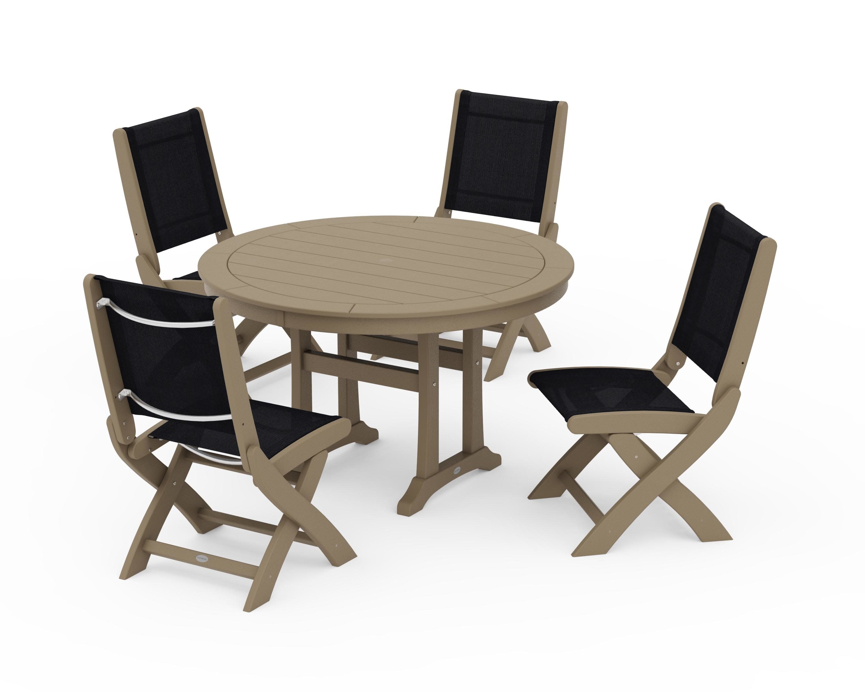 Coastal Folding Side Chair 5-Piece Round Dining Set With Trestle Legs in Vintage Sahara / Black Sling