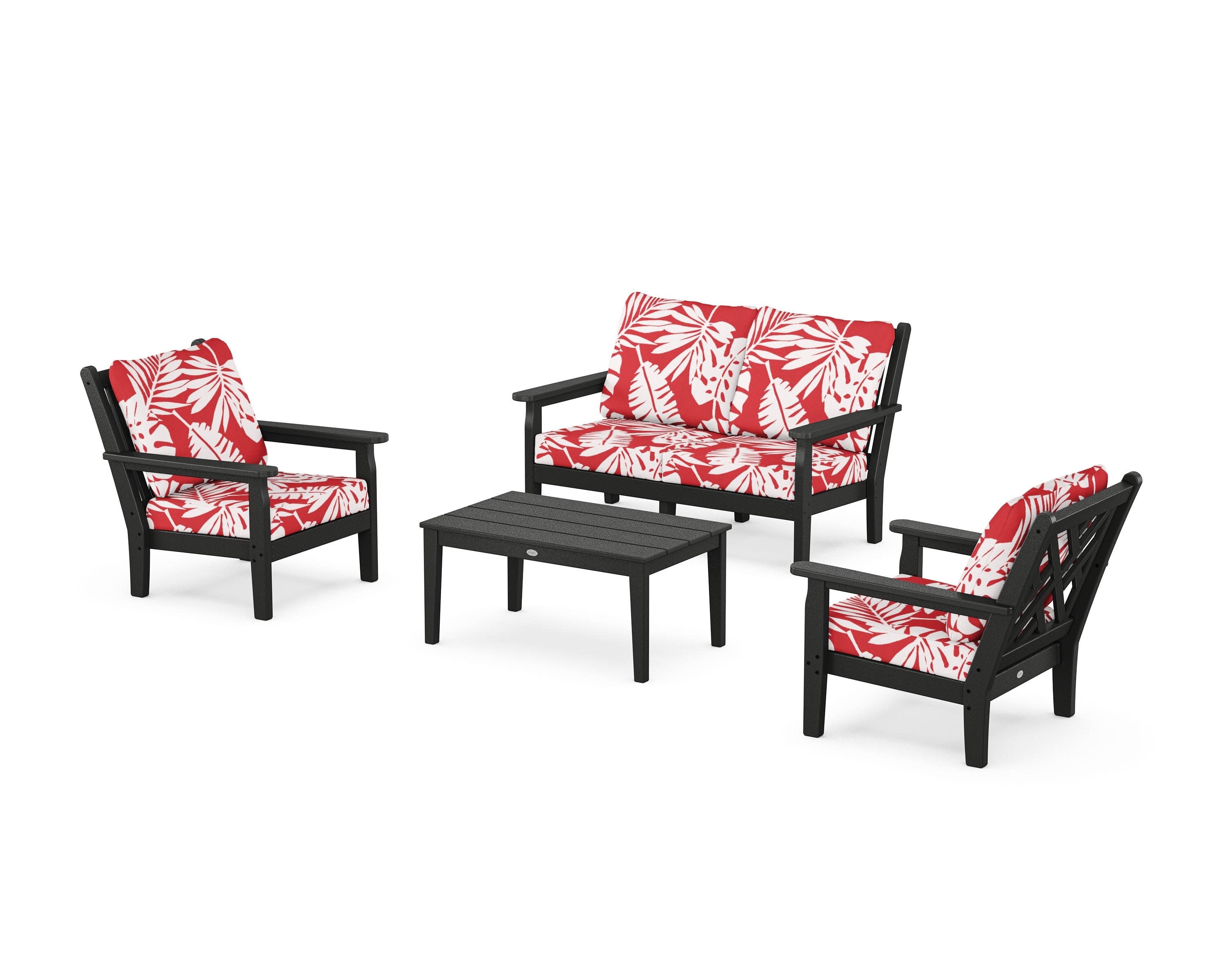Chippendale 4-Piece Deep Seating Set with Loveseat in Black / Leaf Crimson