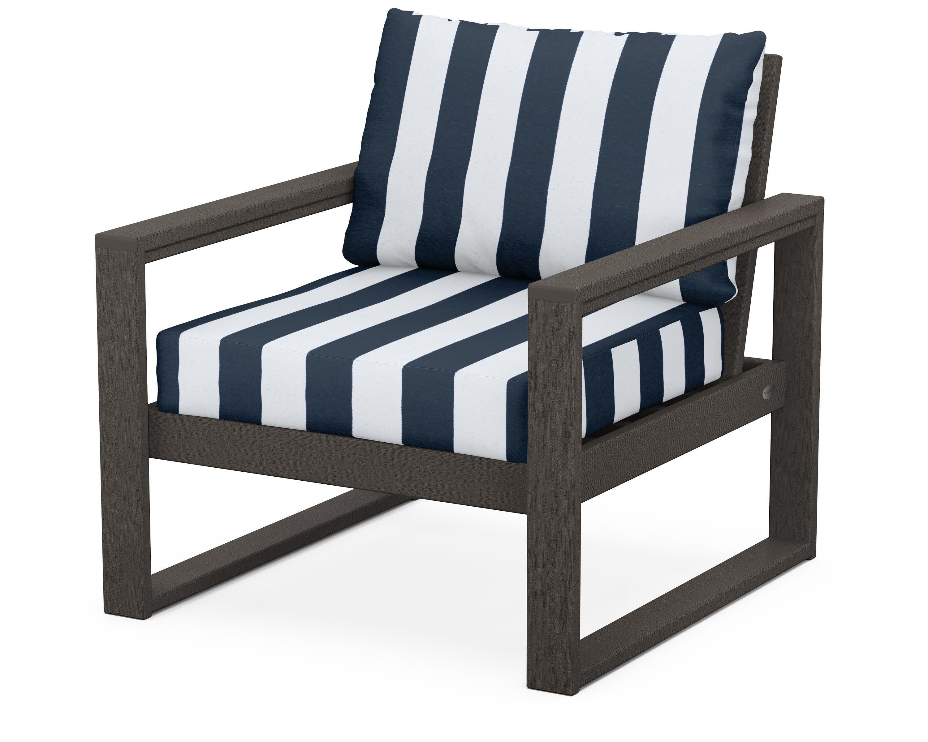 EDGE Club Chair in Vintage Coffee / Cabana Stripe Marine Indigo