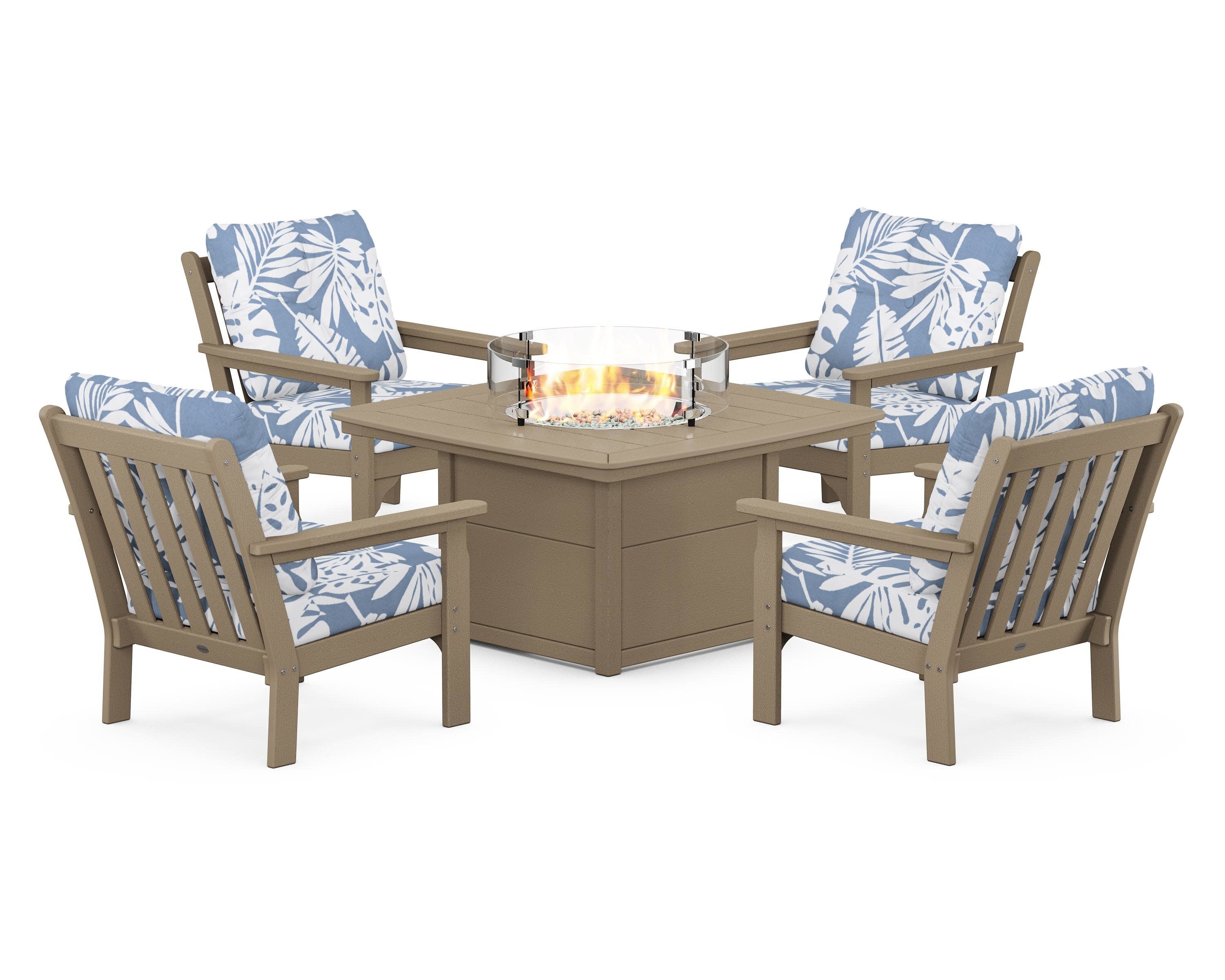 Vineyard 5-Piece Conversation Set with Fire Pit Table in Vintage Sahara / Leaf Sky Blue