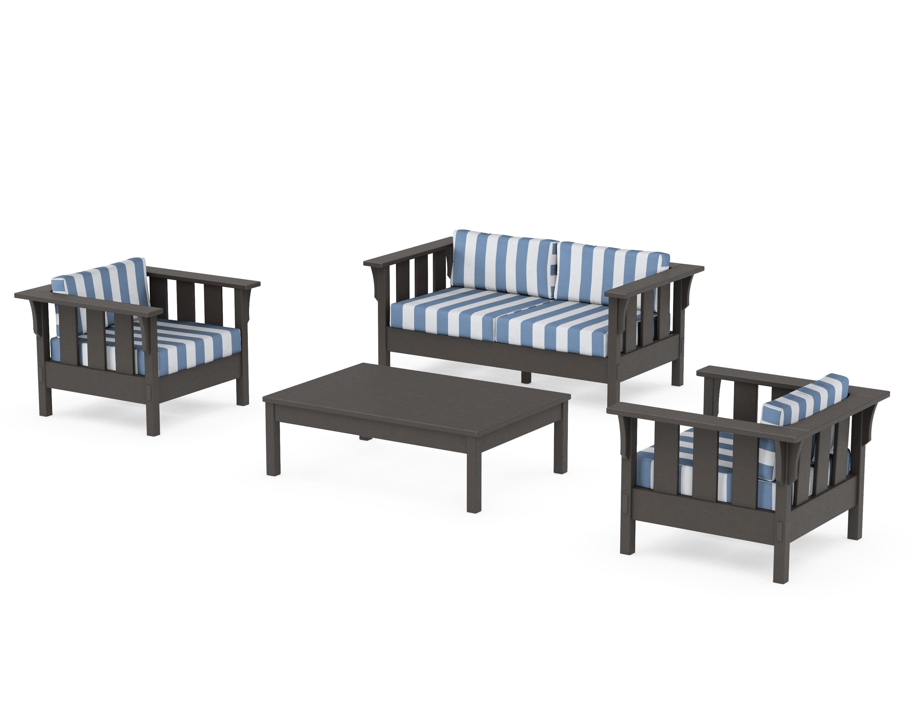 Acadia 4-Piece Deep Seating Set with Loveseat in Vintage Coffee / Cabana Stripe Sky Blue