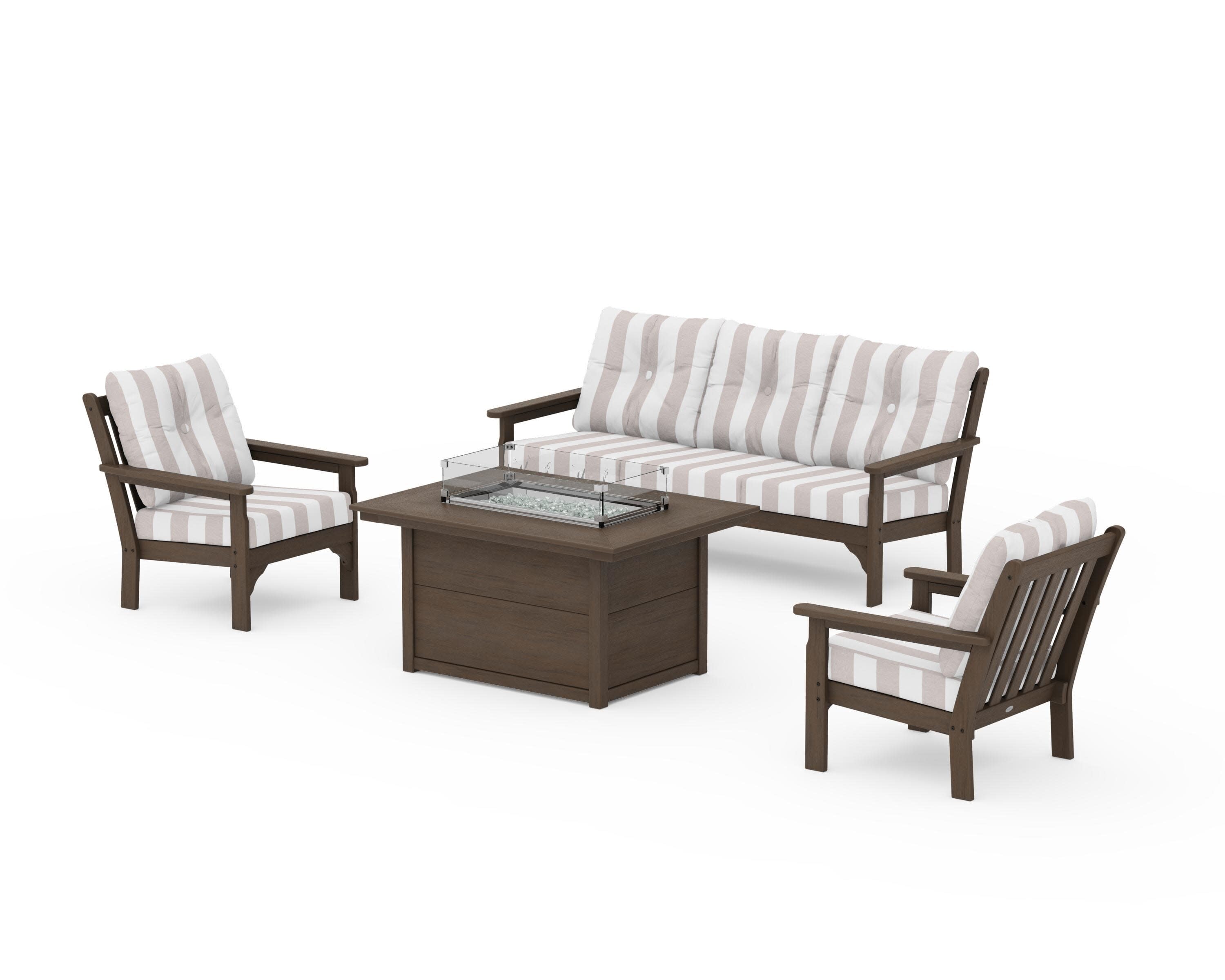 Vineyard Deep Seating Fire Pit Table Set in Kona / Cabana Stripe Dune Burlap