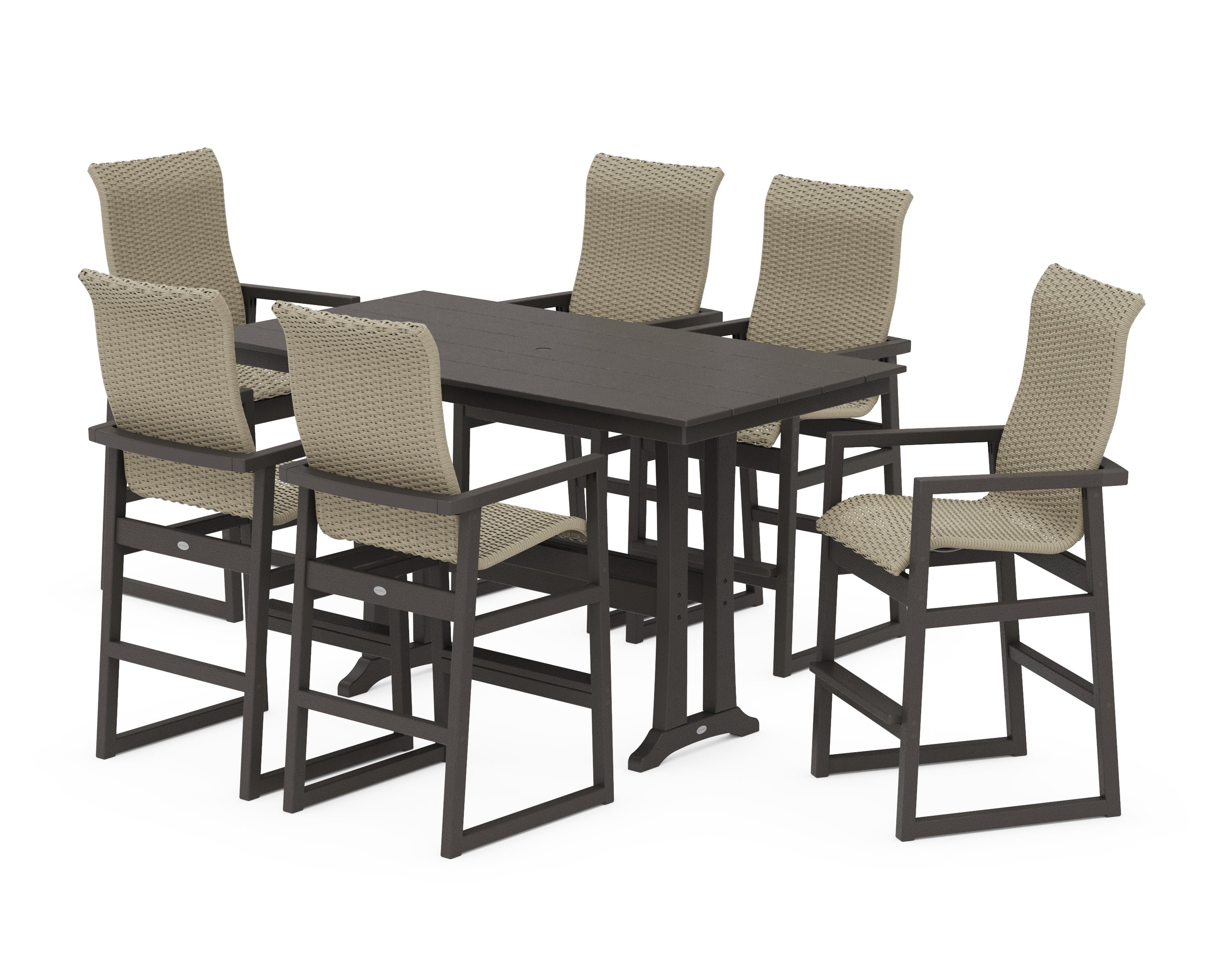 EDGE Woven Highback Arm Chair 7-Piece Farmhouse Bar Set with Trestle Legs in Vintage Coffee / Dune Grass