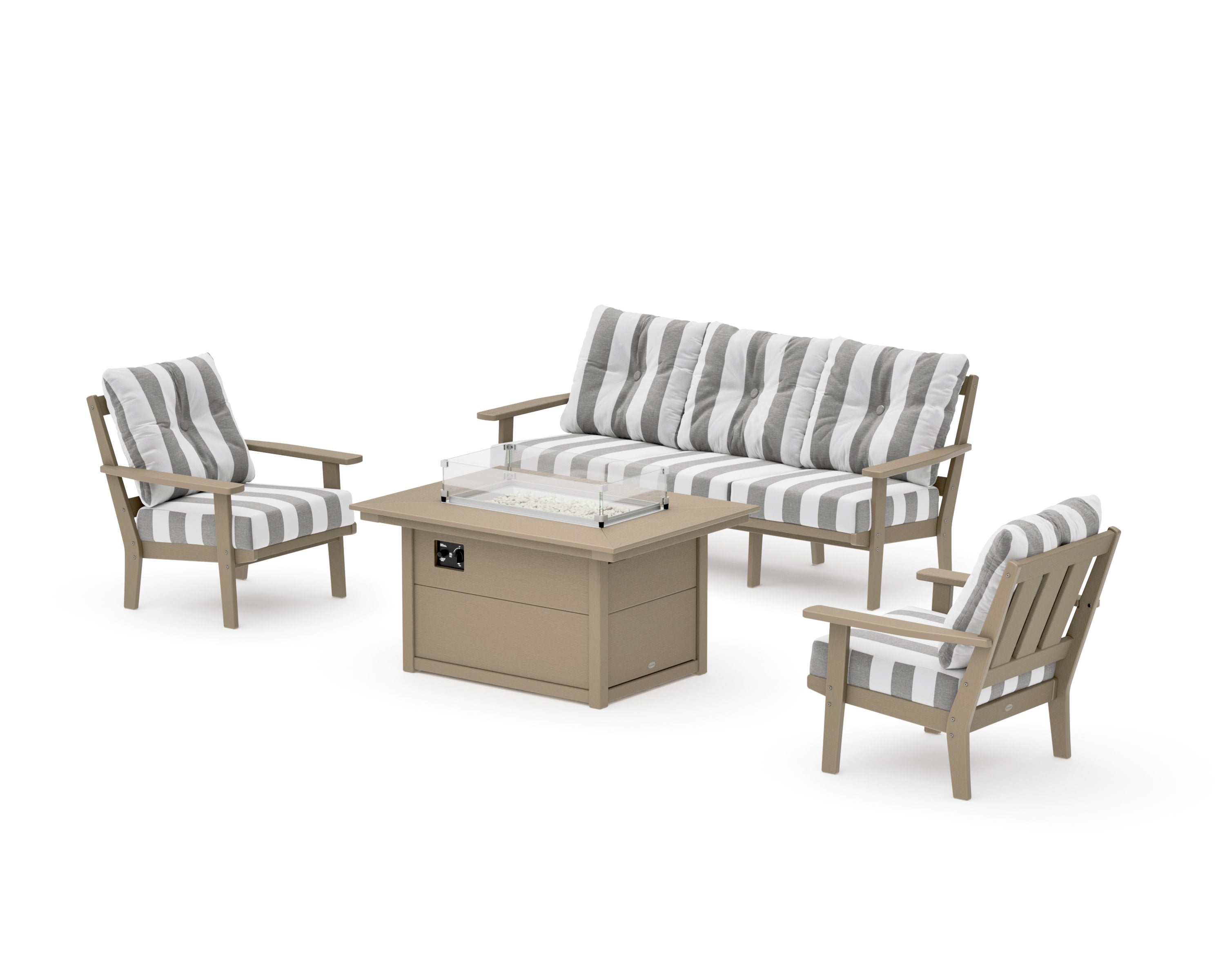 Oxford Deep Seating Fire Pit Table Set in Vintage Sahara / Cabana Stripe Grey Mist