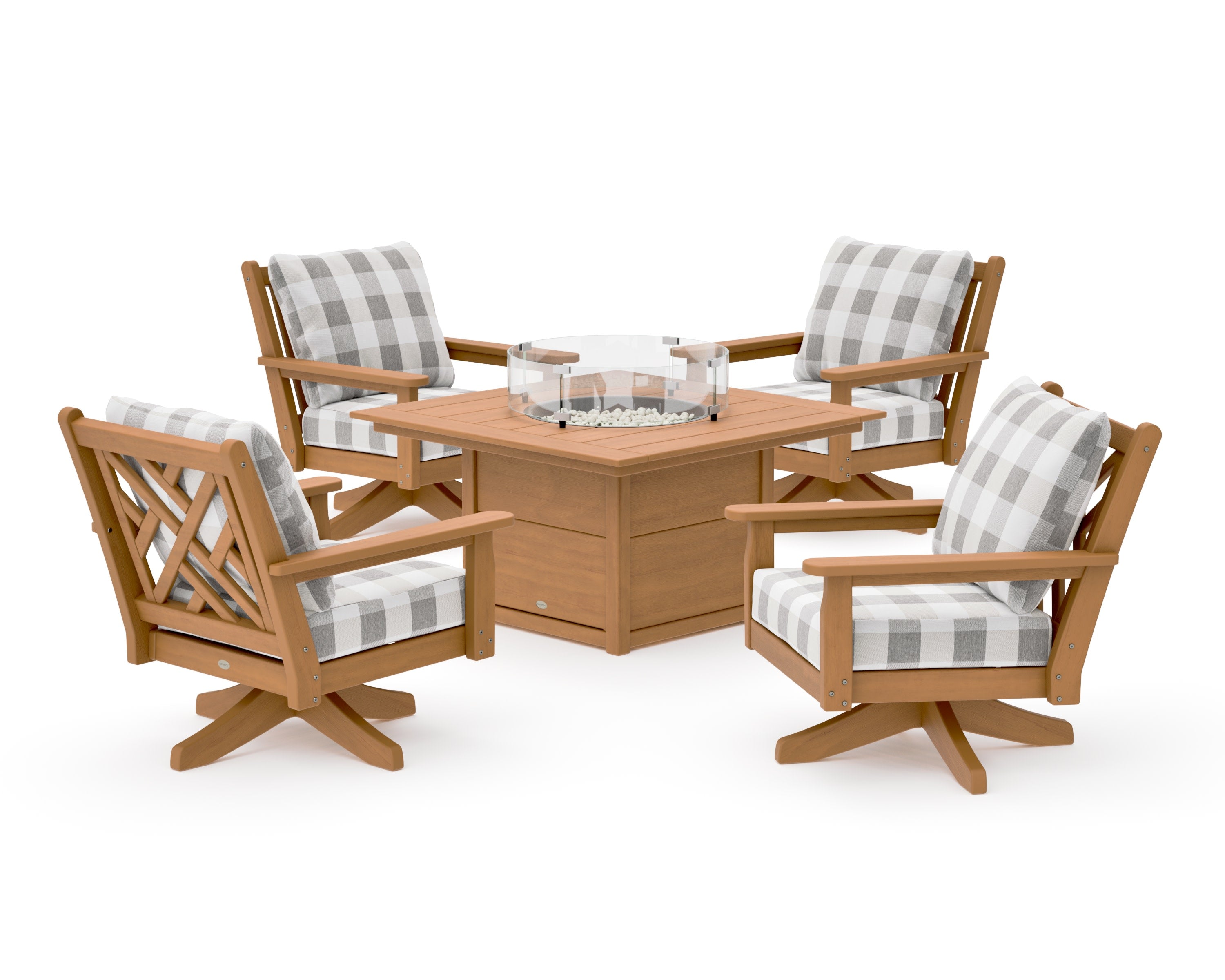 Chippendale 5-Piece Deep Seating Swivel Conversation Set with Fire Pit Table in Natural / Buffalo Plaid Grey Mist
